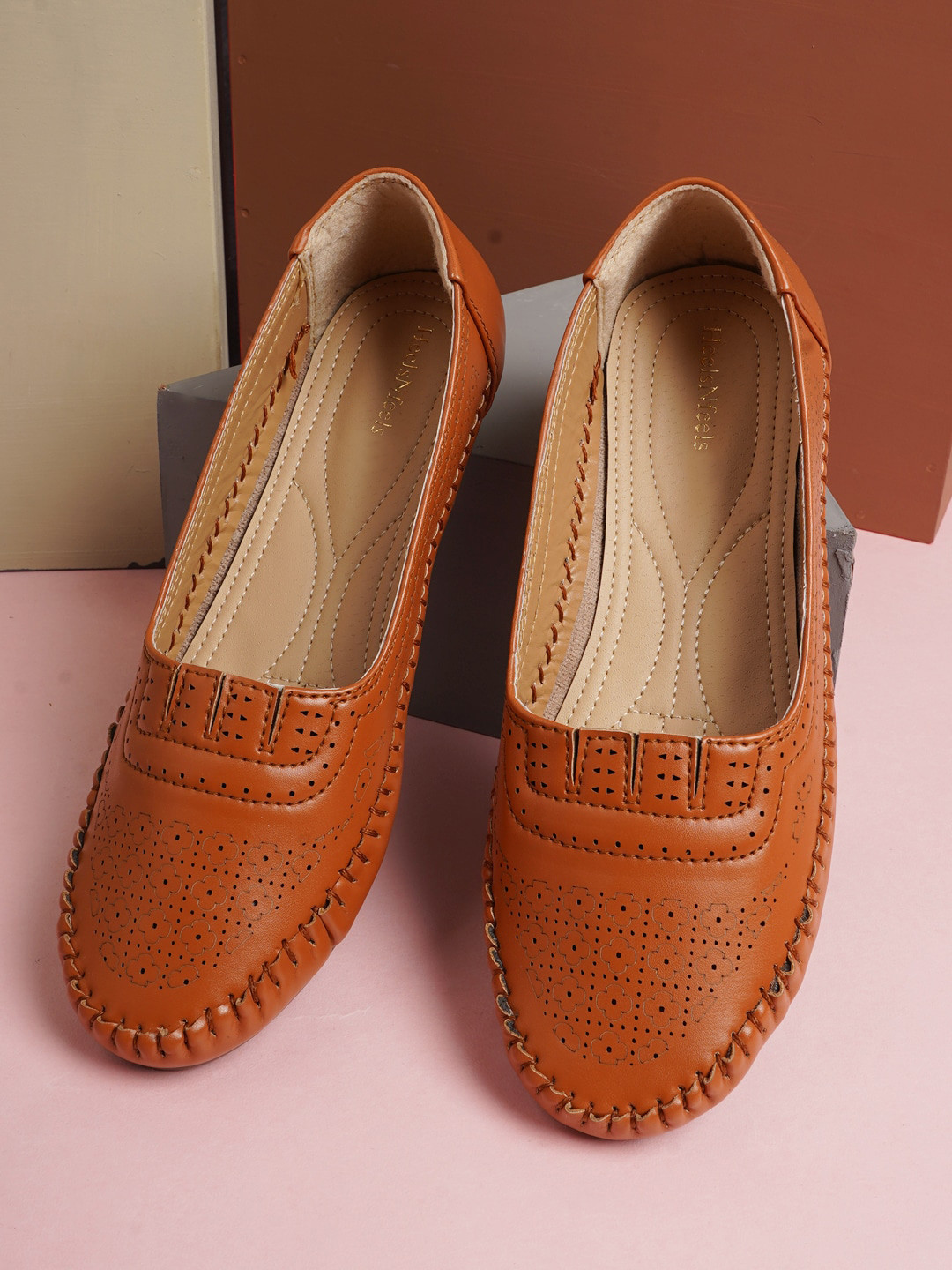 

HEELSNFEELS Women Tan Open Toe Flats with Laser Cuts