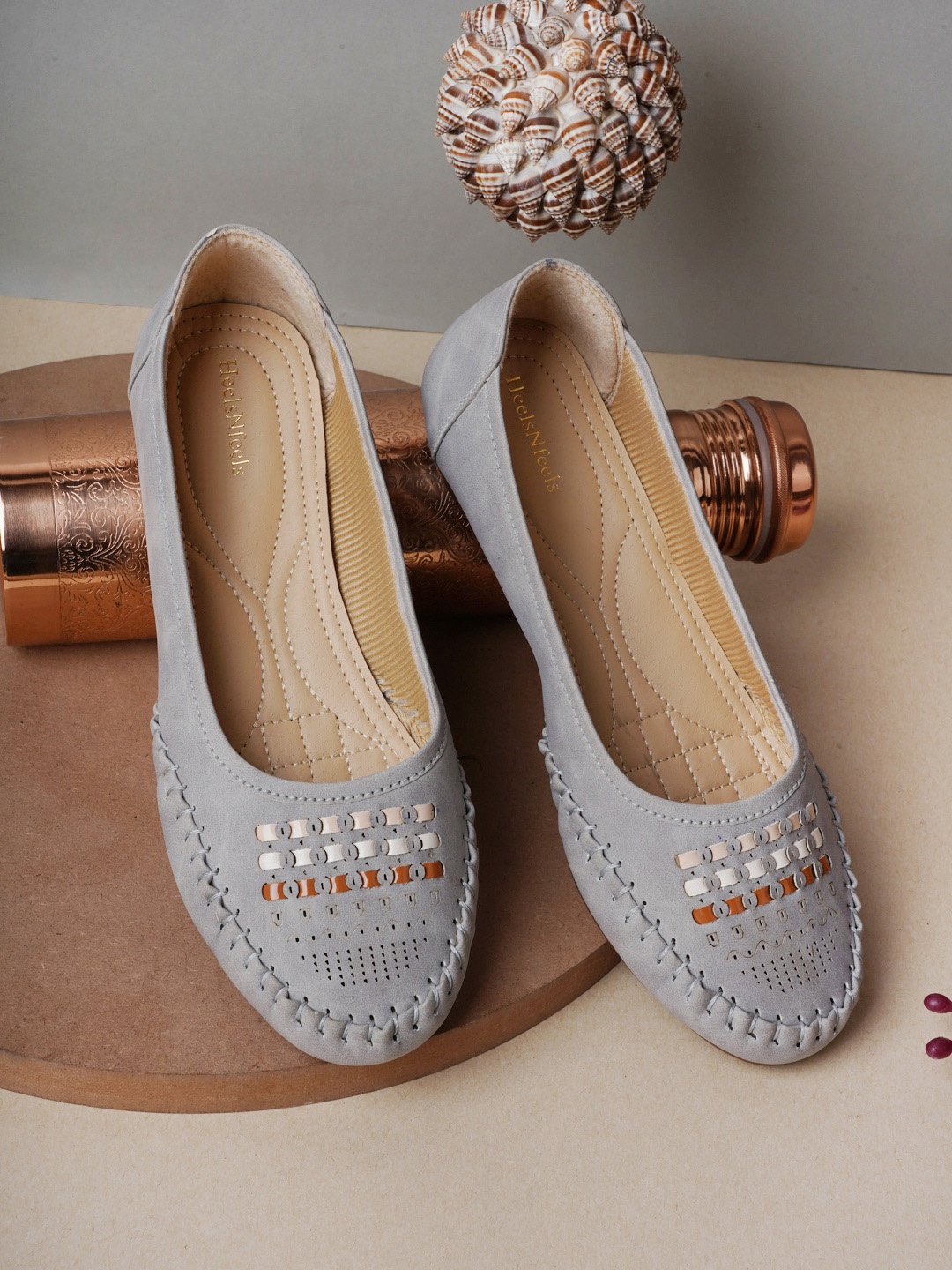 

HEELSNFEELS Women Grey Ballerinas with Laser Cuts Flats