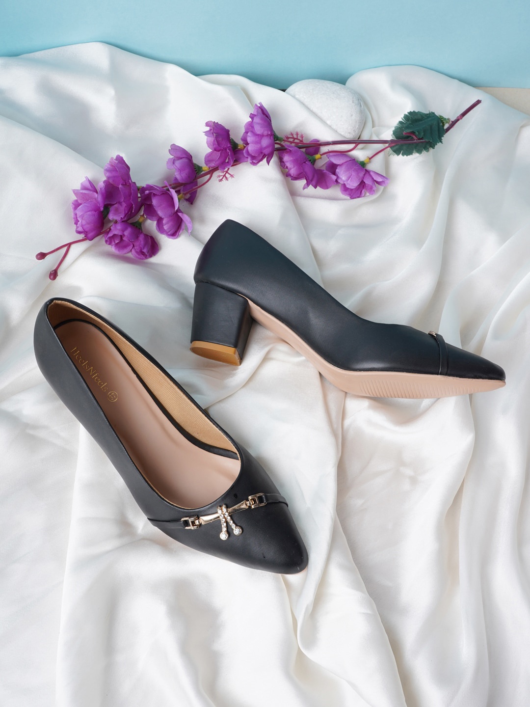 

HEELSNFEELS Black Party Block Mules