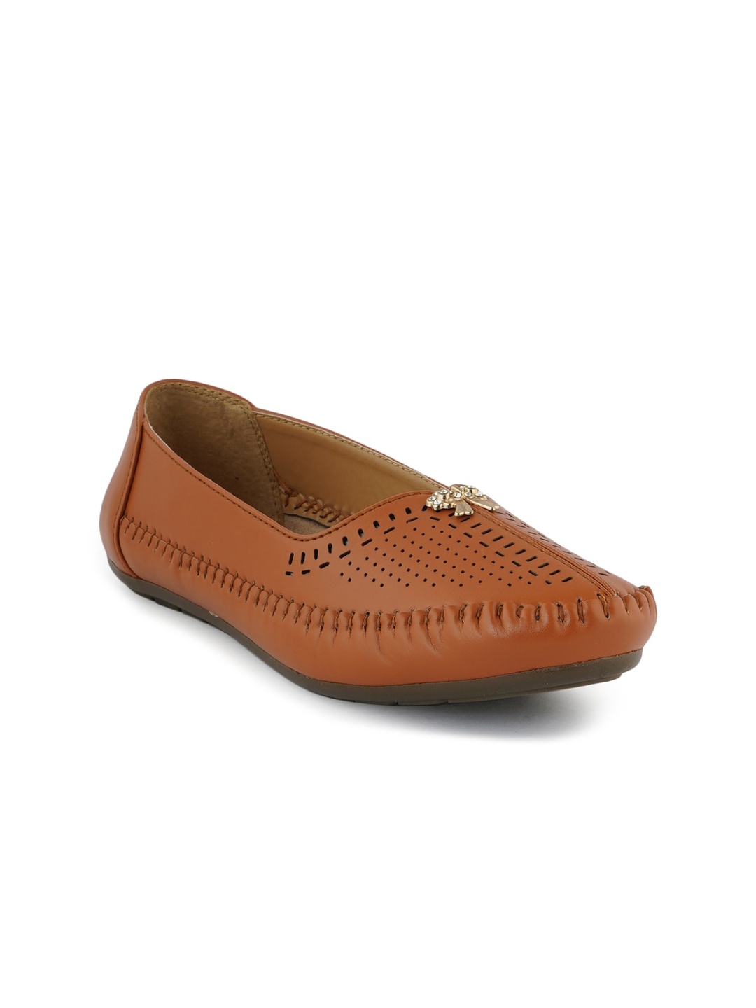 

HEELSNFEELS Women Tan Open Toe Flats with Laser Cuts