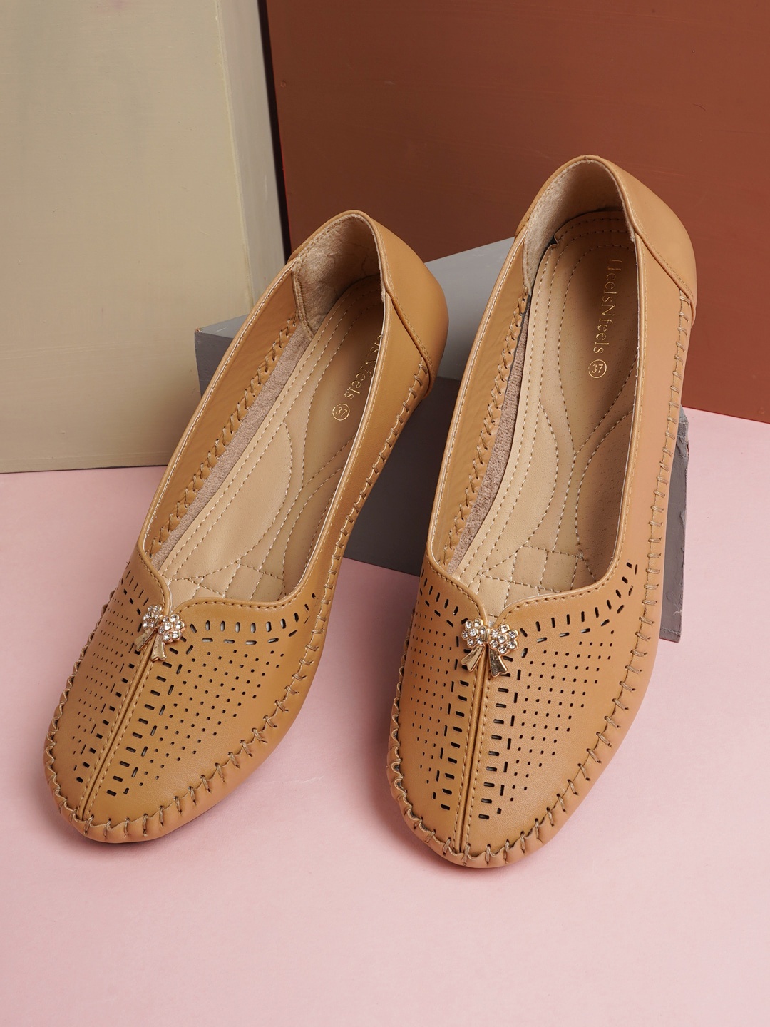 

HEELSNFEELS Women Beige Open Toe Flats with Laser Cuts