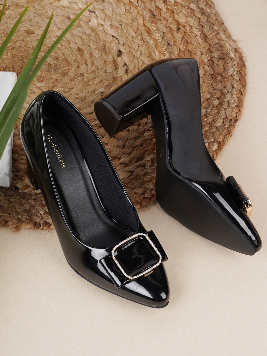 

HEELSNFEELS Black Party Stiletto Pumps with Buckles