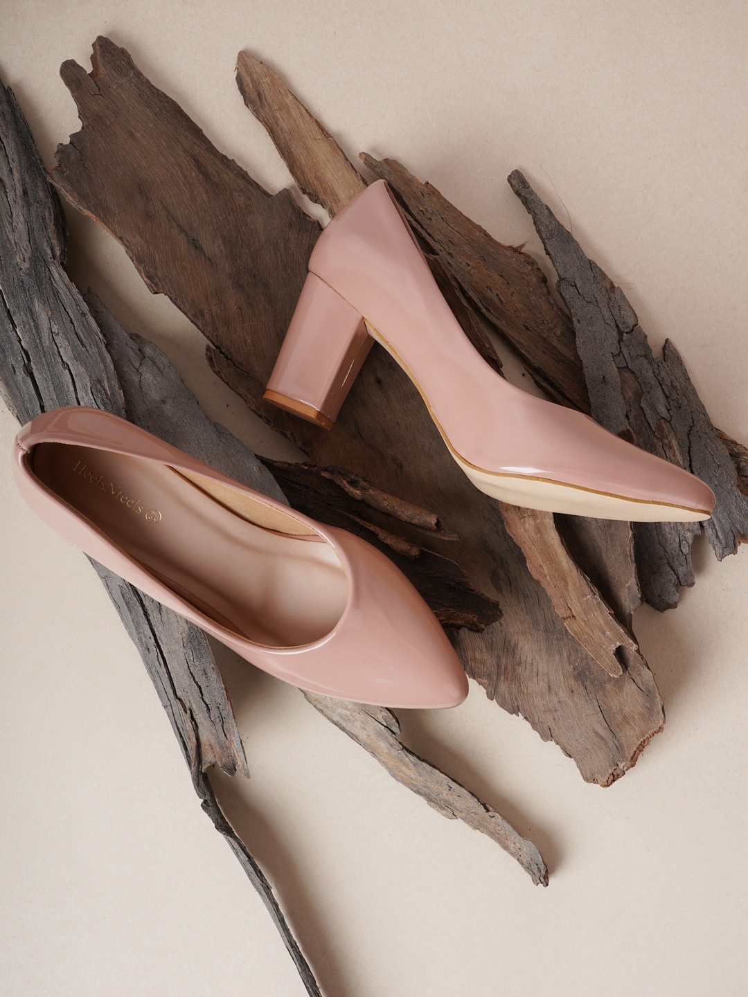

HEELSNFEELS Peach-Coloured Textured Party Block Pumps with Buckles
