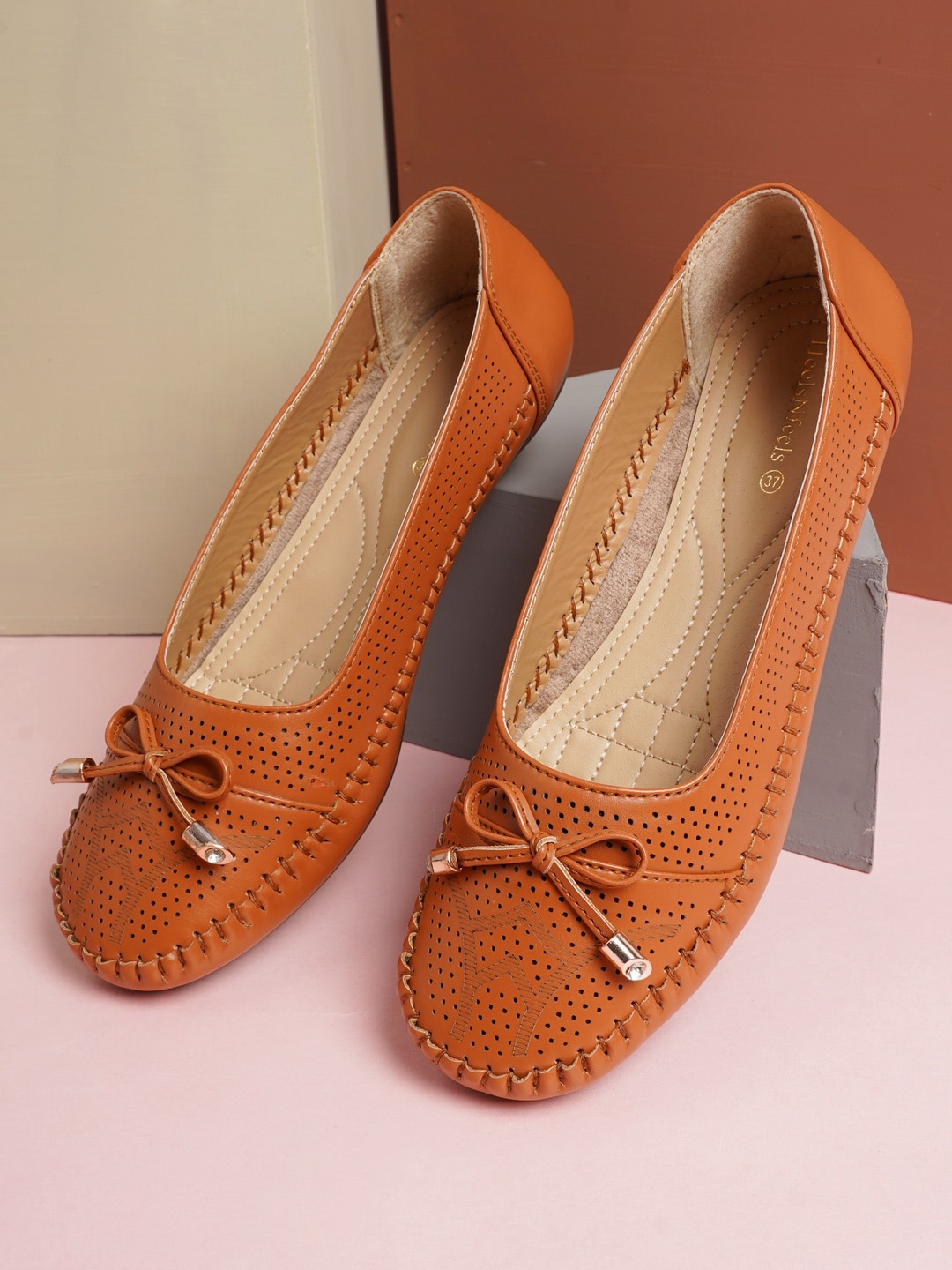 

HEELSNFEELS Women Tan Textured Open Toe Flats with Laser Cuts