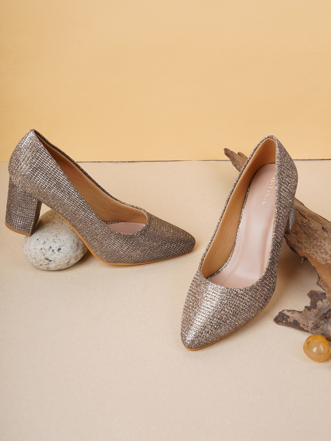 

HEELSNFEELS Copper-Toned Embellished Party Kitten Pumps