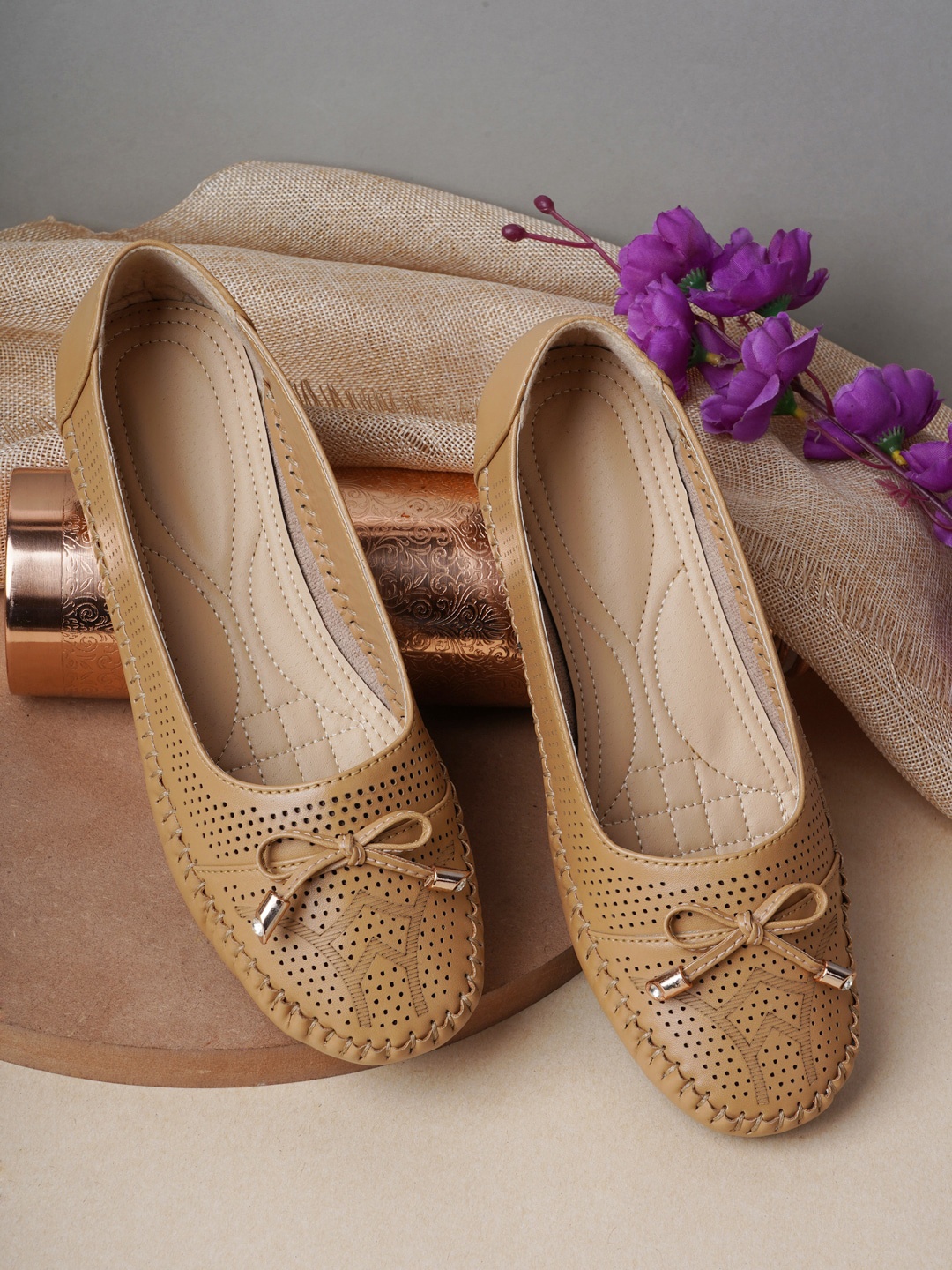 

HEELSNFEELS Women Beige Open Toe Flats with Laser Cuts