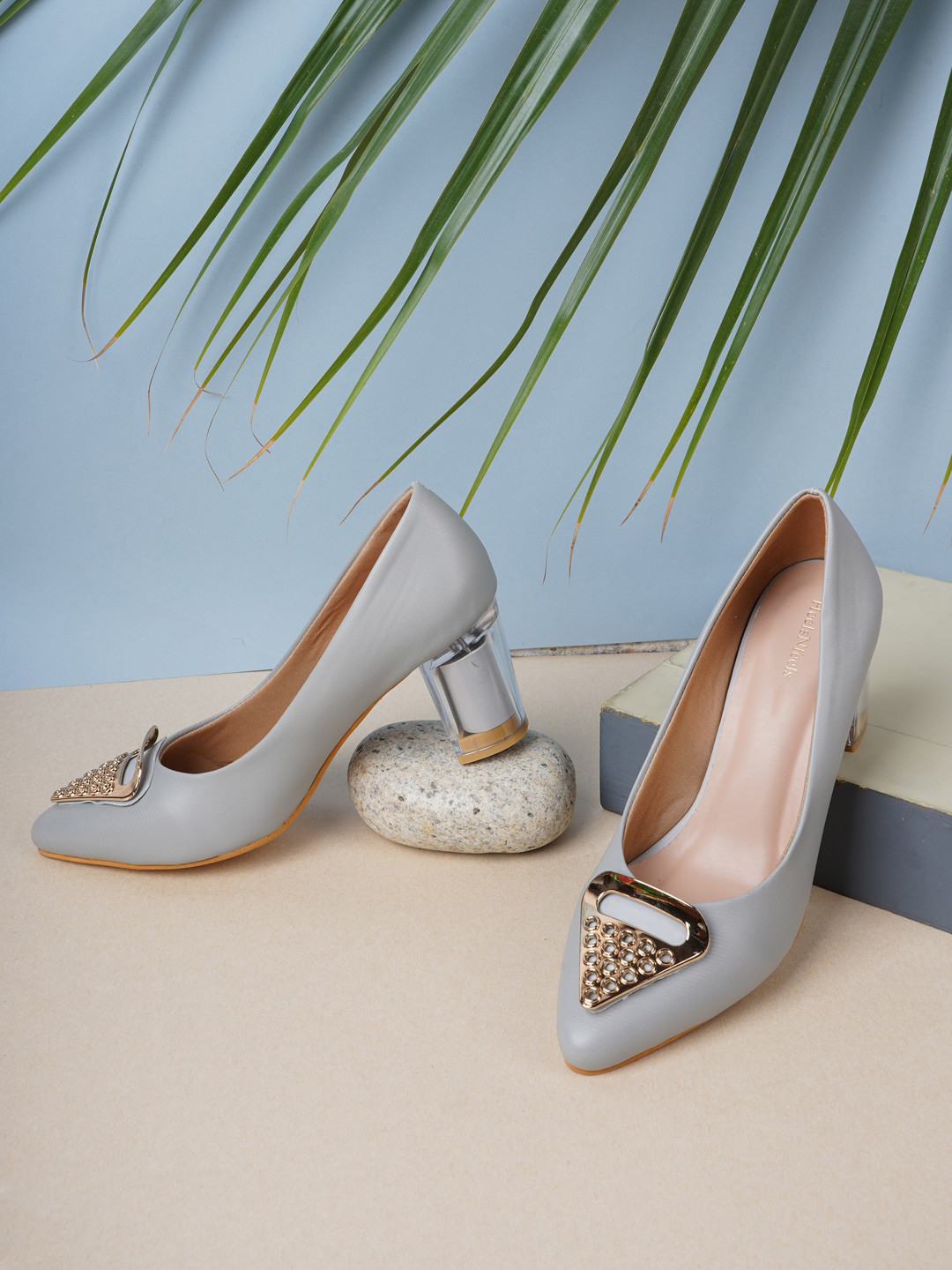 

HEELSNFEELS Grey Embellished Party Comfort Pumps