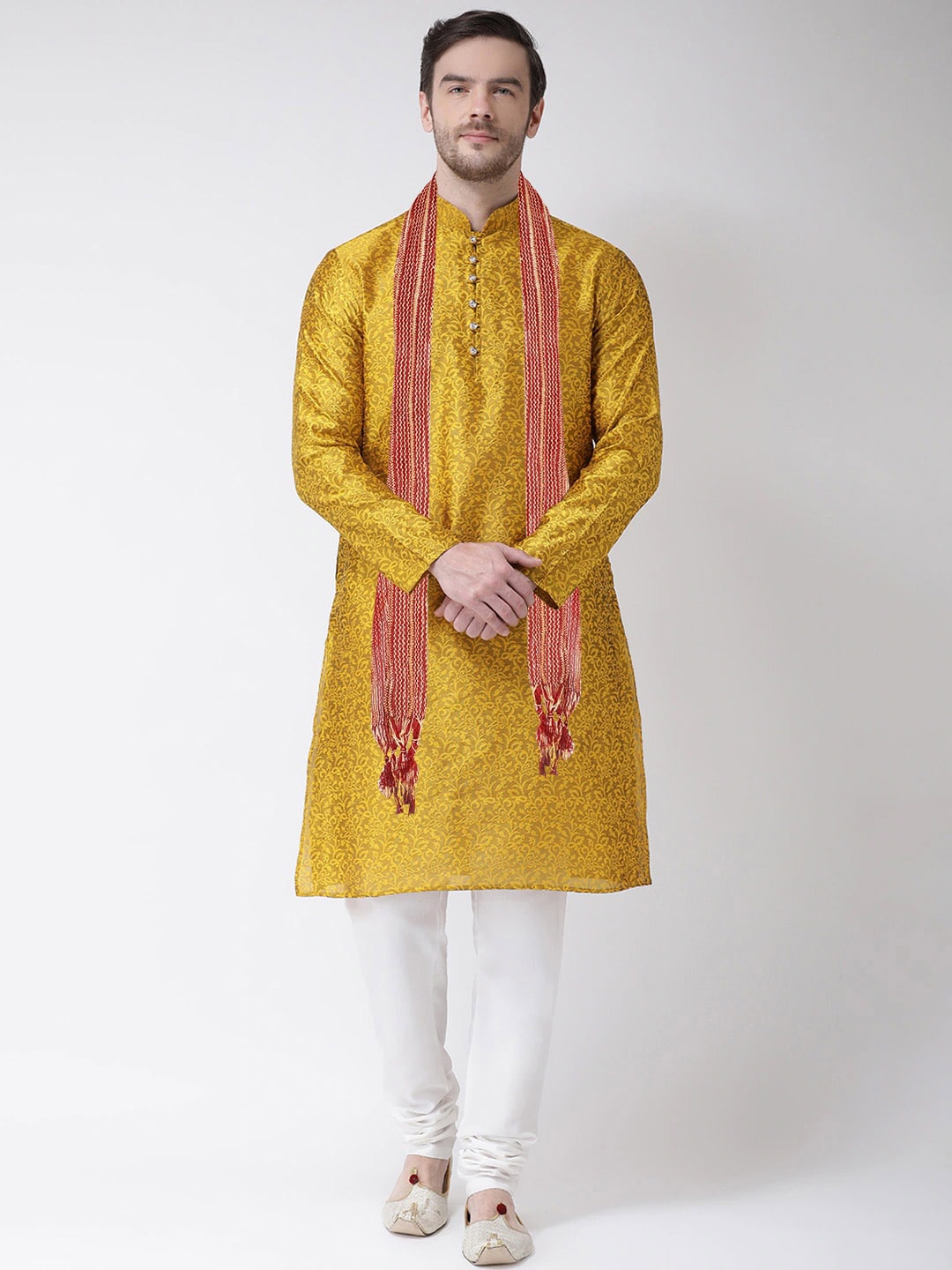 

SG LEMAN Men Yellow Embroidered Raw Silk Kurta with Churidar & With Dupatta