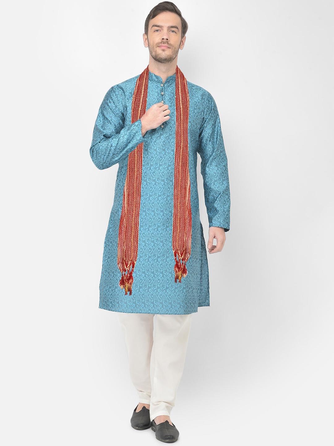 

SG LEMAN Men Turquoise Blue Raw Silk Kurta with Churidar & With Dupatta