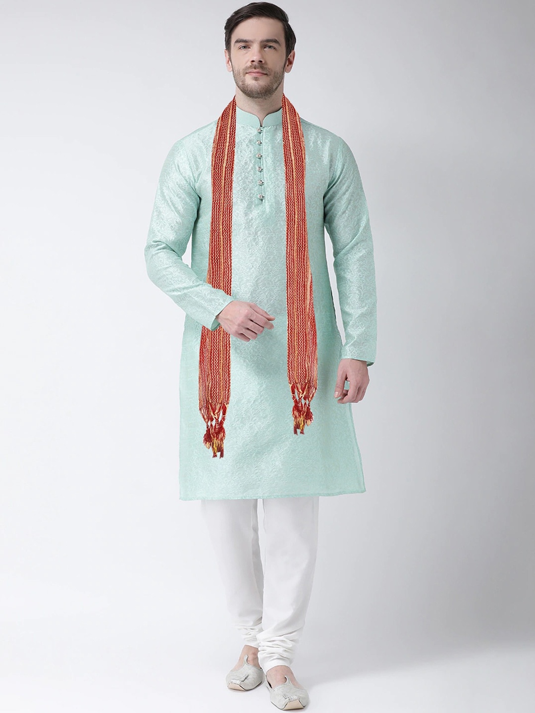 

SG LEMAN Men Sea Green Raw Silk Kurta with Churidar & With Dupatta