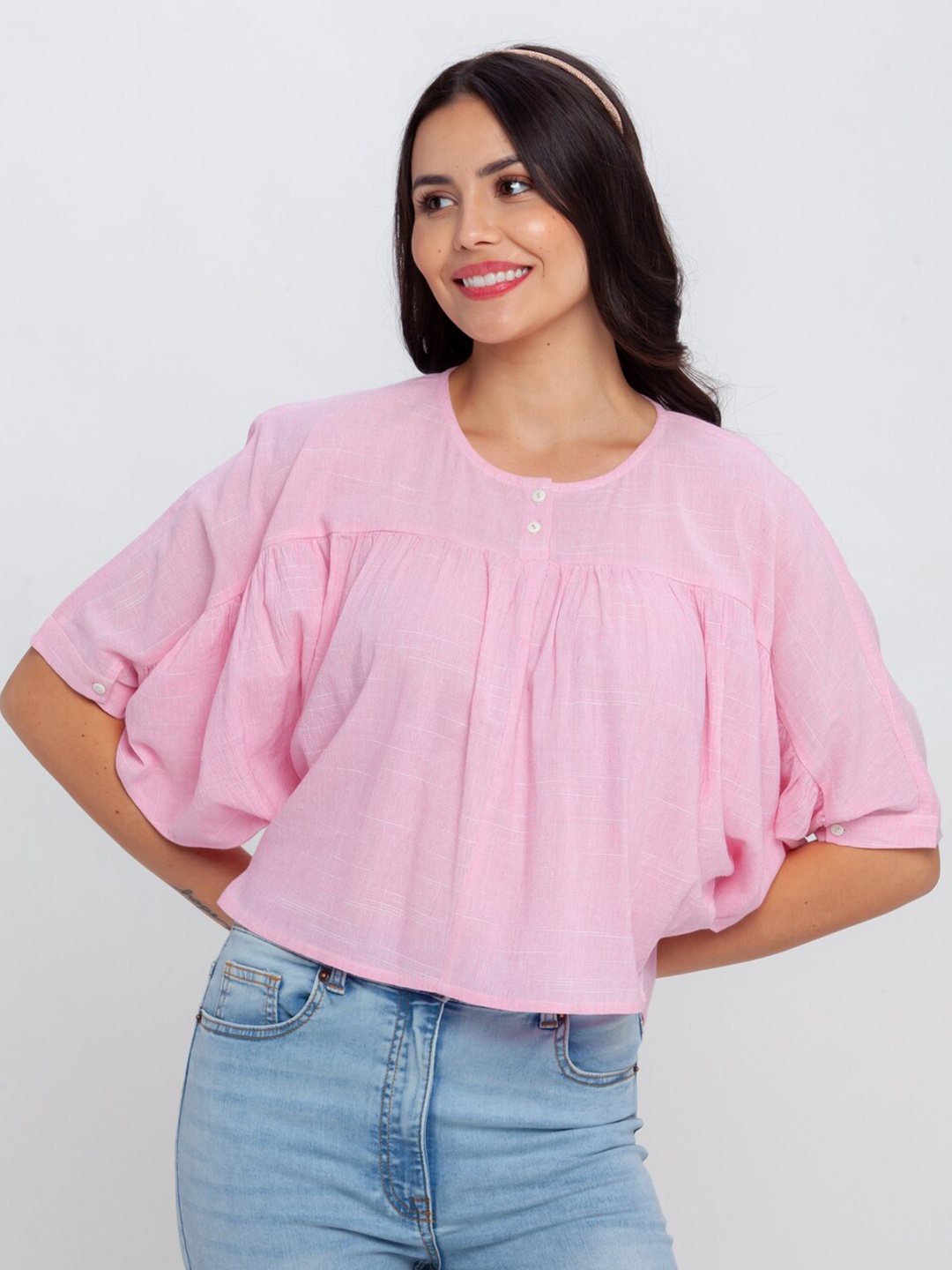 

Zink London Women Pink Solid Flared Sleeve Top