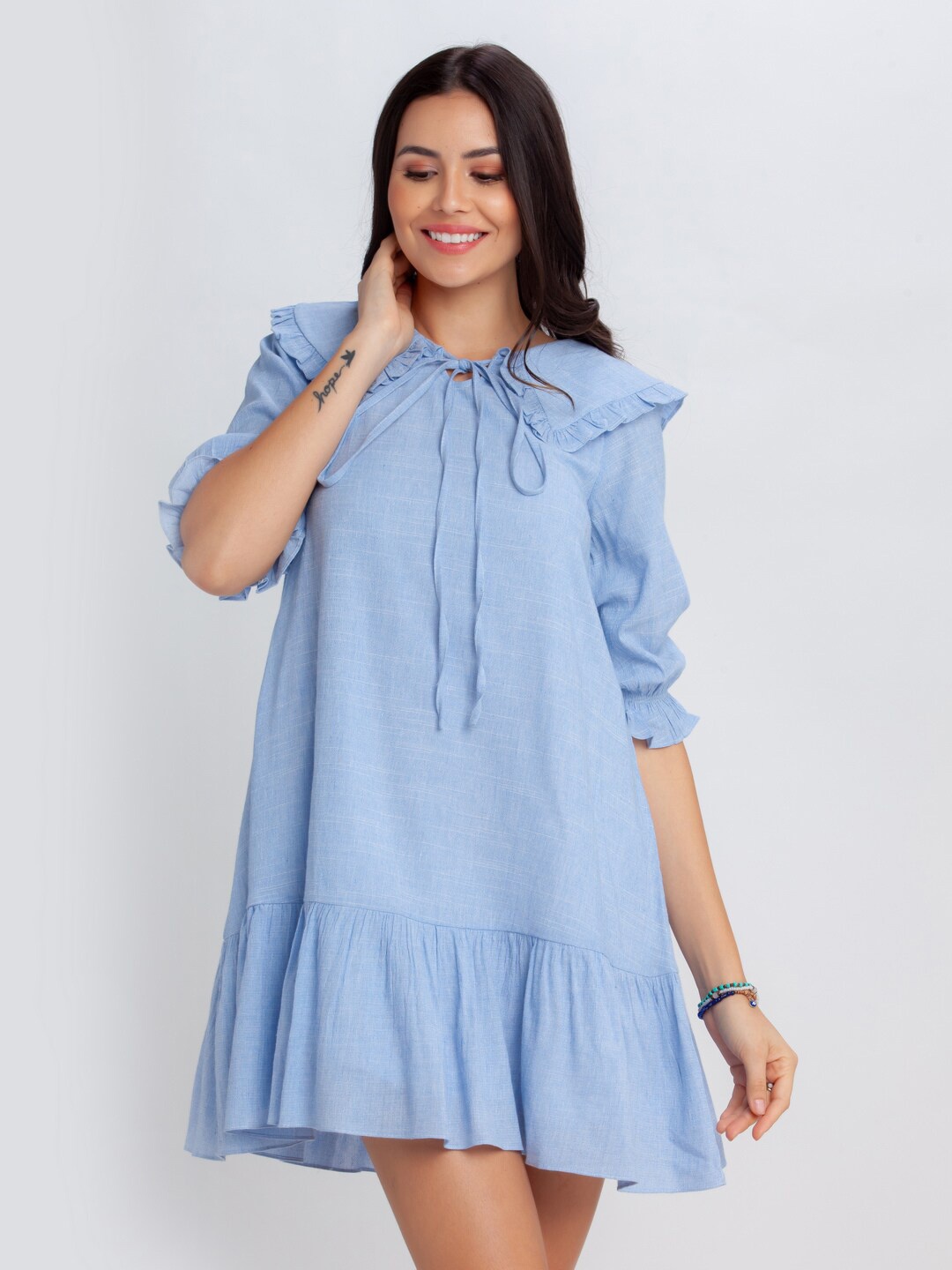 

Zink London Blue Tie-Up Neck A-Line Dress