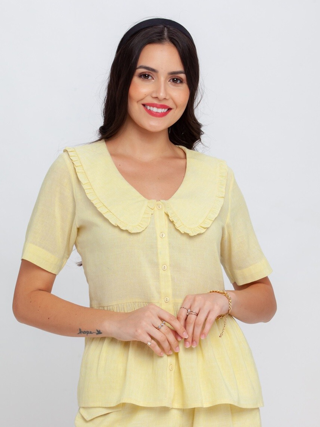 

Zink London Yellow Solid Peter Pan Collar Pure Cotton A-line Top