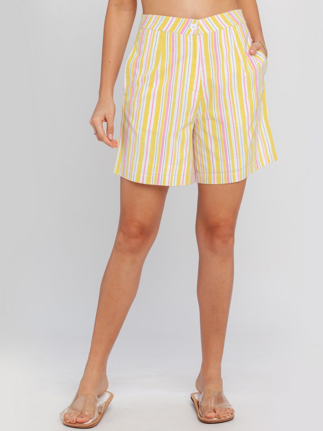 

Zink London Women Yellow Striped High-Rise Shorts