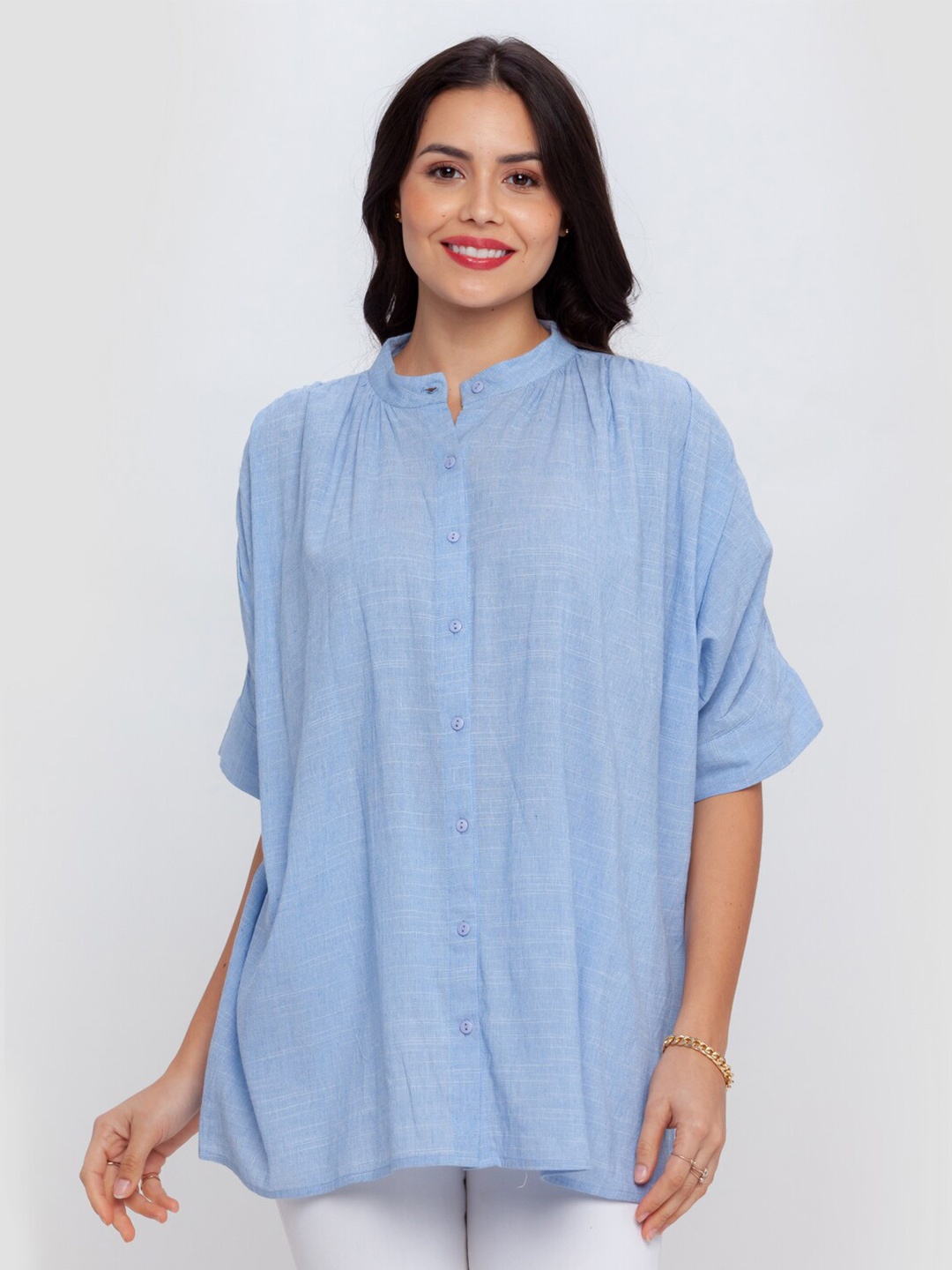 

Zink London Blue Mandarin Collar Extended Sleeves Boxy Longline Top