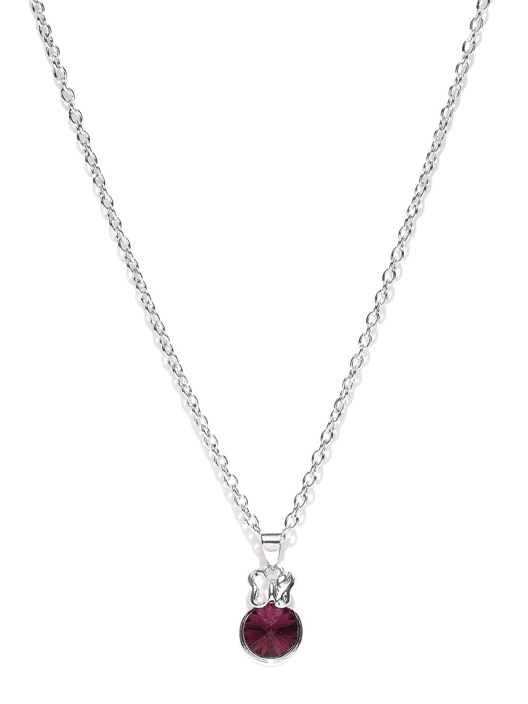 

Mahi Rhodium-Plated Purple Solitaire Crystal-Studded Butterfly Pendant With Chain, Silver