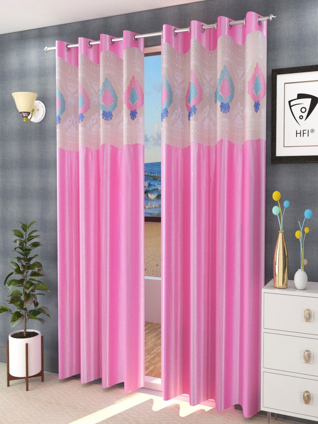 

Homefab India Pink & Blue Set of 2 Sheer Door Curtain