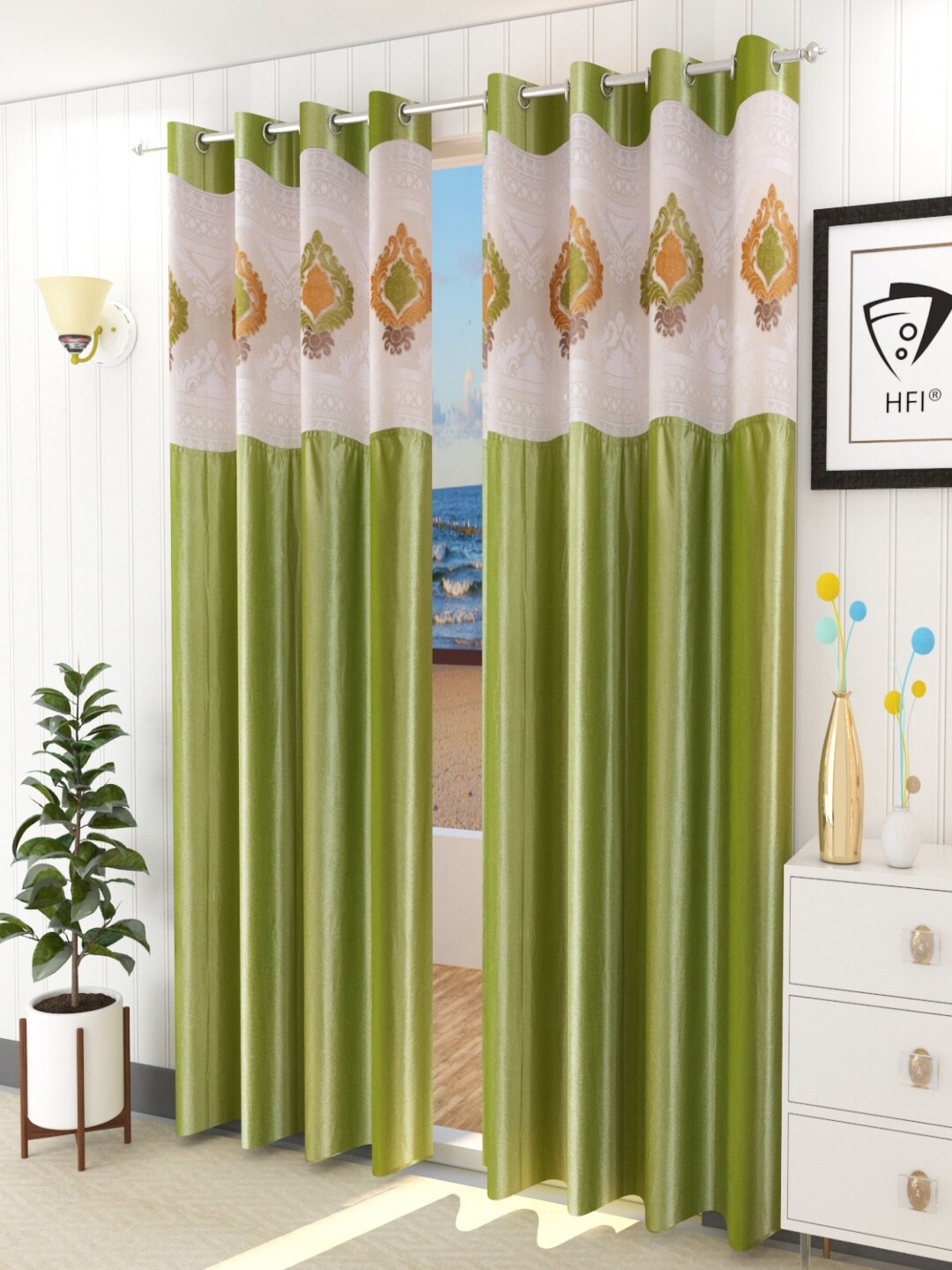 

Homefab India Green & White Set of 2 Embroidered Sheer Door Curtain