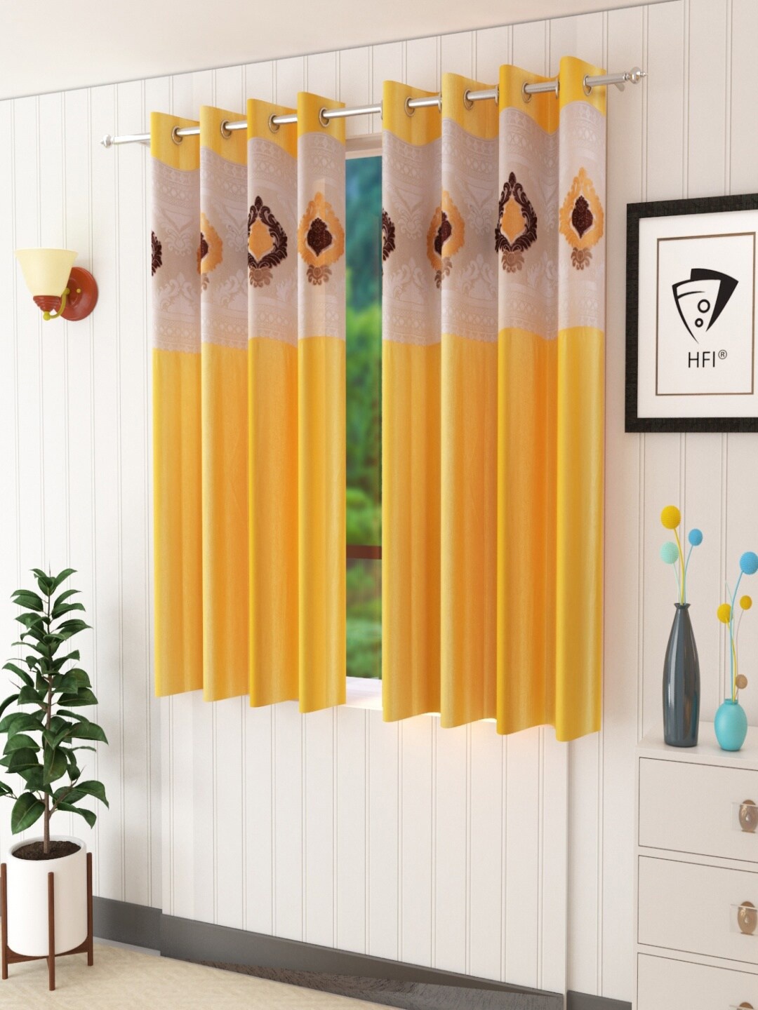 

Homefab India Yellow & White Set of 2 Embroidered Sheer Window Curtain