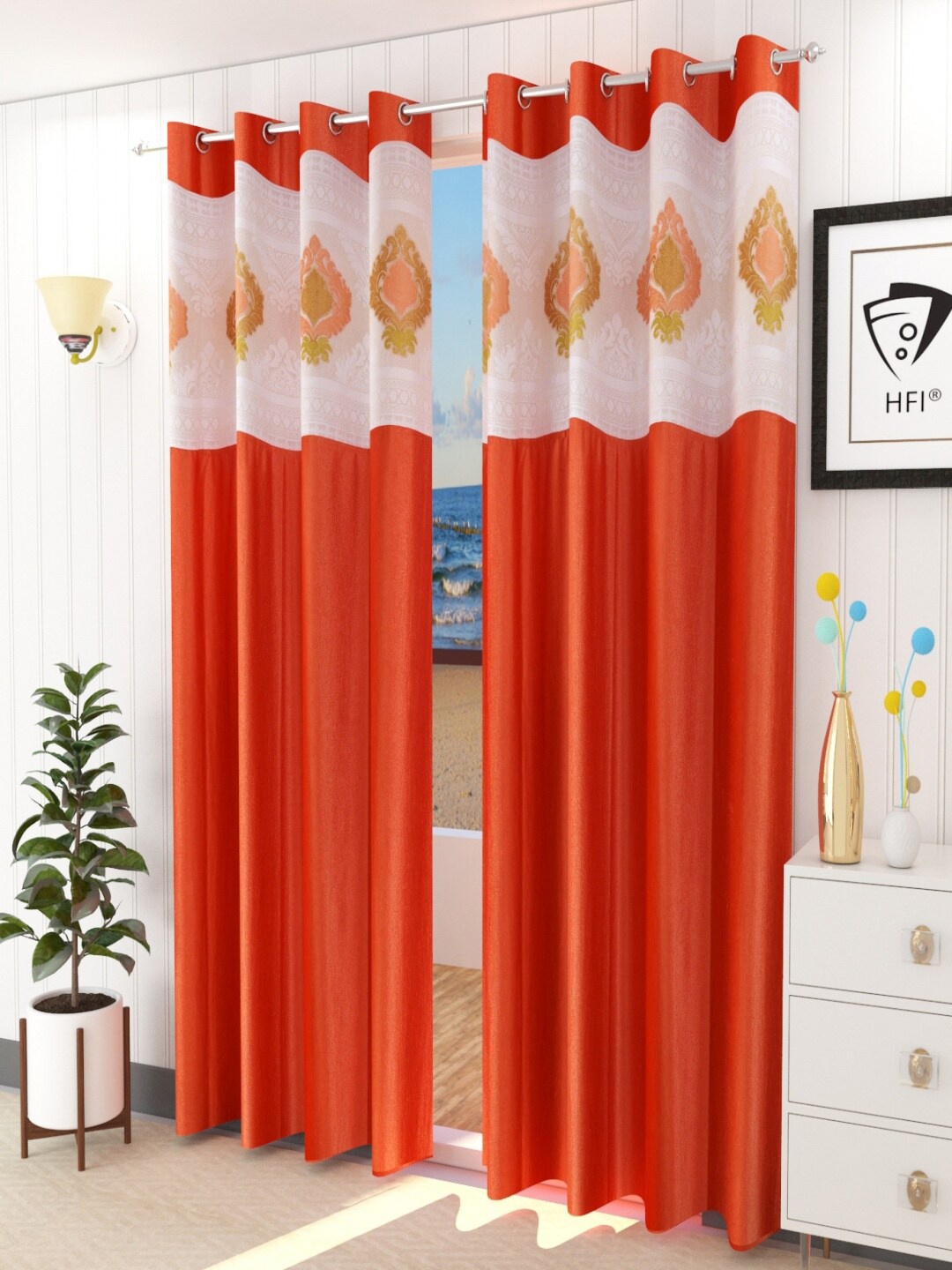 

Homefab India Orange & White Set of 2 Sheer Door Curtain