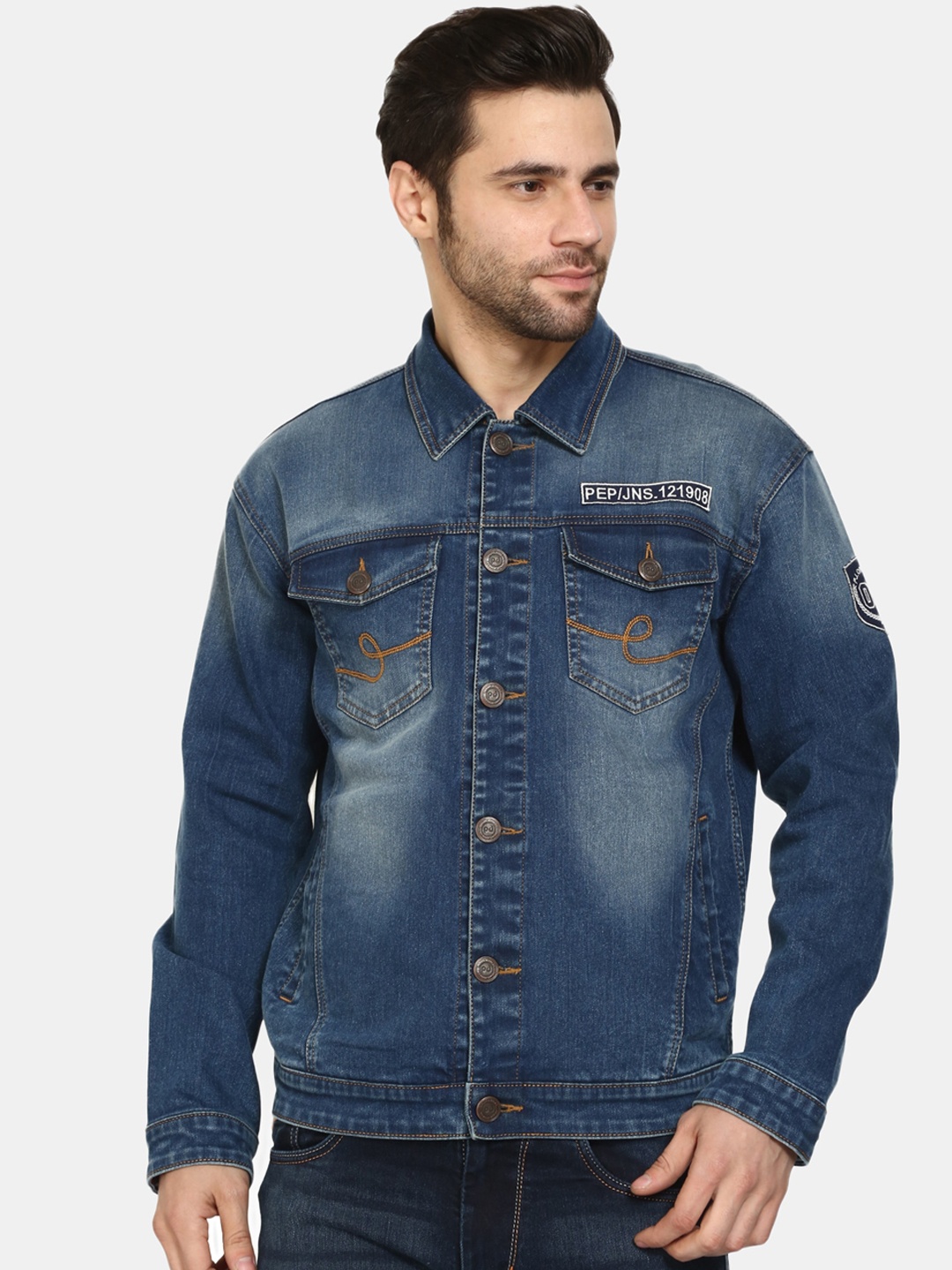 

PEPLOS Men Blue Washed Crop Outdoor Denim Jacket with Patchwork