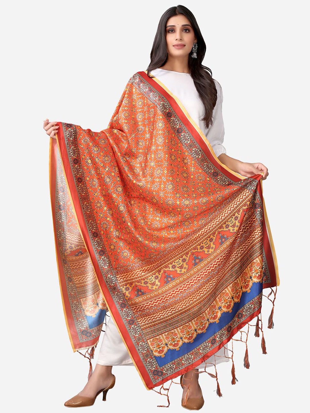 

Satrani Orange & Blue Printed Dupatta