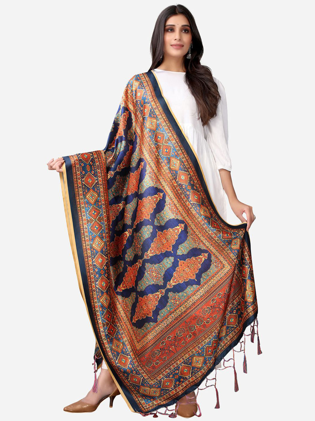 

Satrani Navy Blue & Orange Printed Dupatta