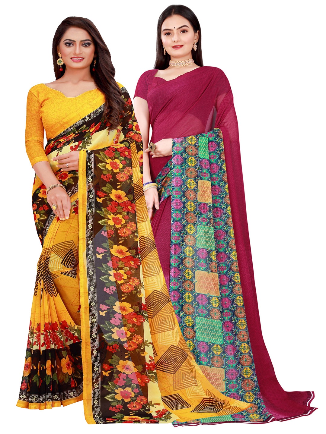 Florence Pack of 2 Printed Pure Georgette Sarees, Yellow
