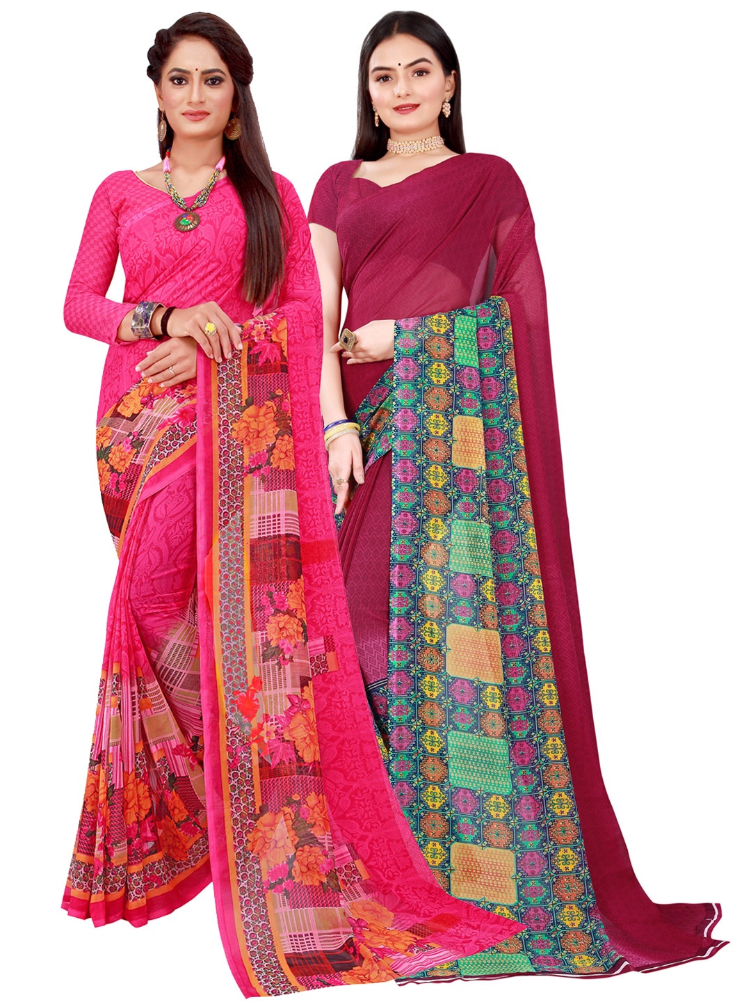 Florence Pink & Maroon Set Of 2 Floral Pure Georgette Saree