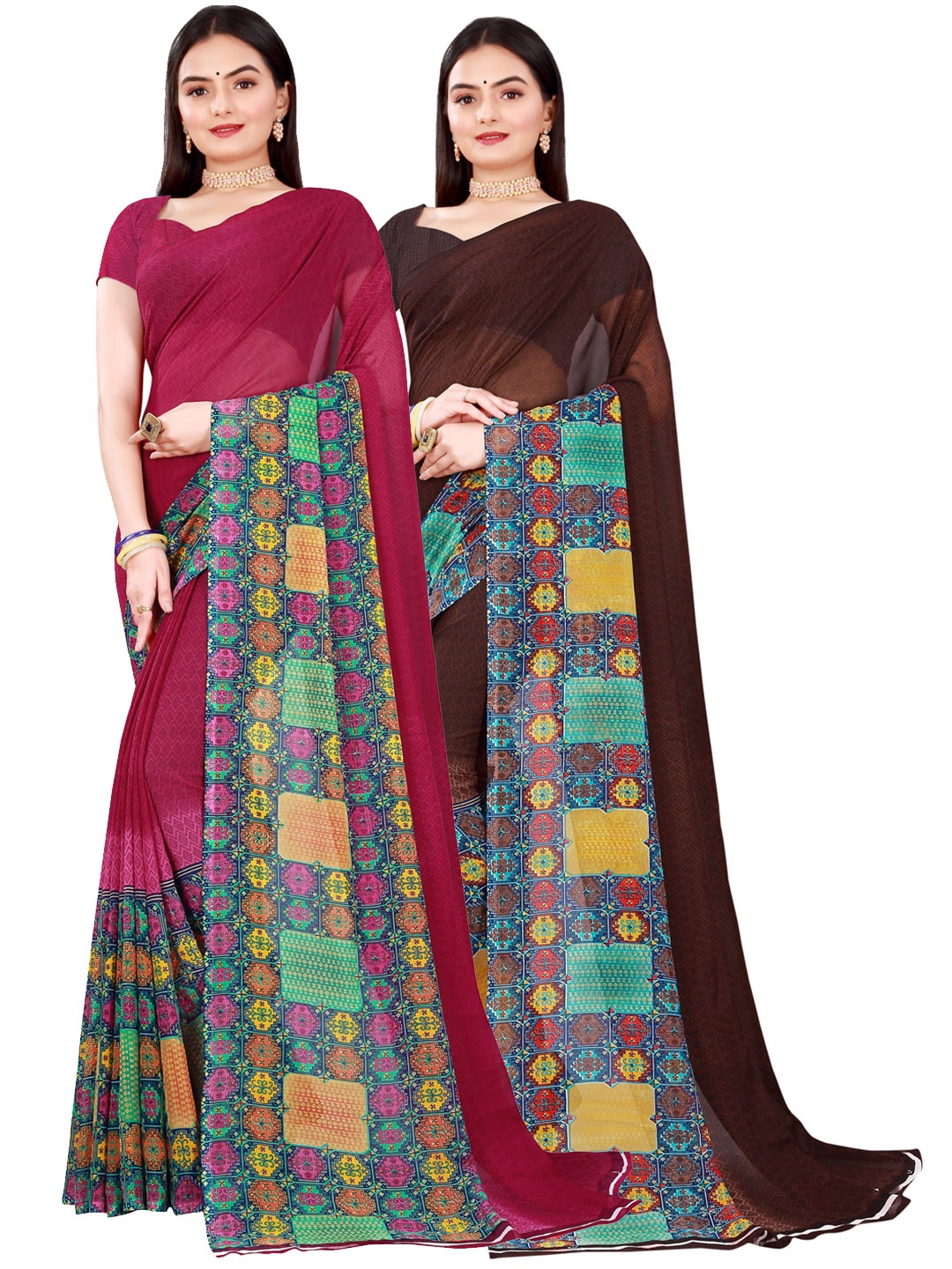 

Florence Set Of 2 Brown & Maroon Ethnic Motifs Pure Georgette Saree