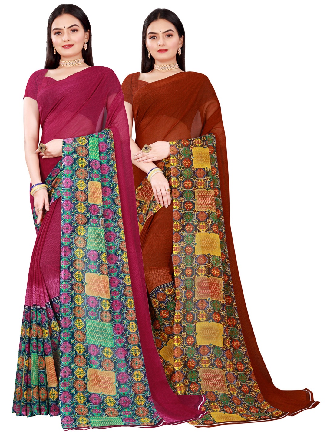 

Florence Pack of 2 Maroon & Brown Pure Georgette Saree