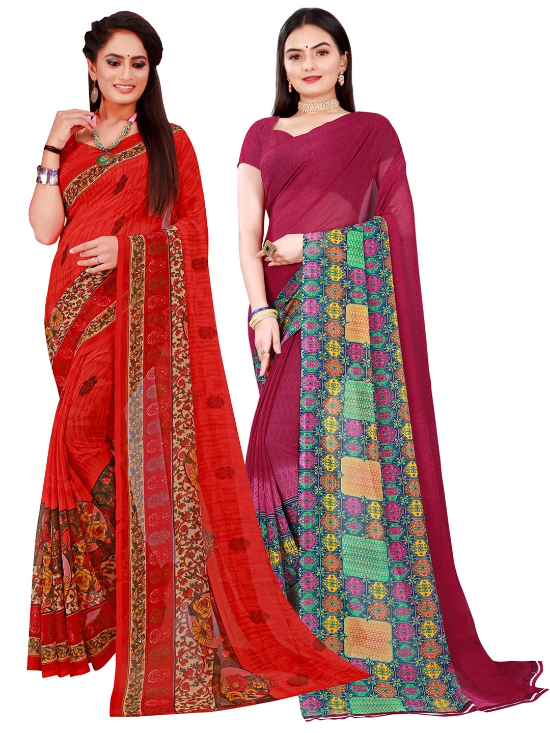 

Florence Maroon & Red Set of 2 Geometric Printed Pure Georgette Saree