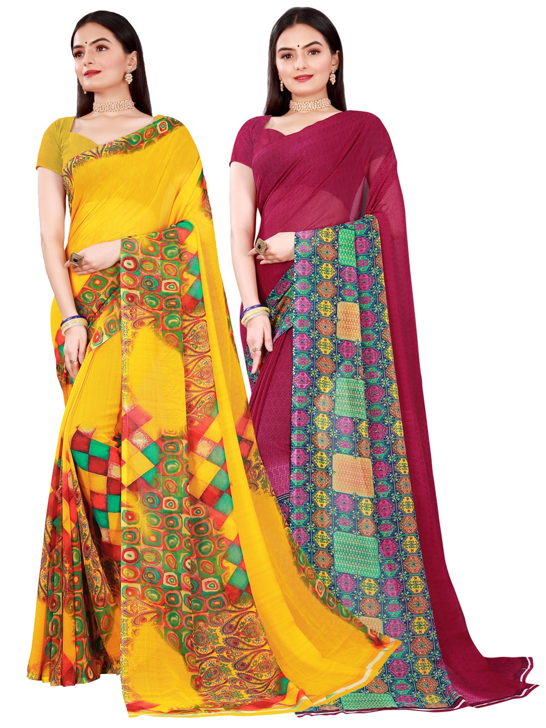 

Florence Pack Of 2 Maroon & Yellow Pure Georgette Saree