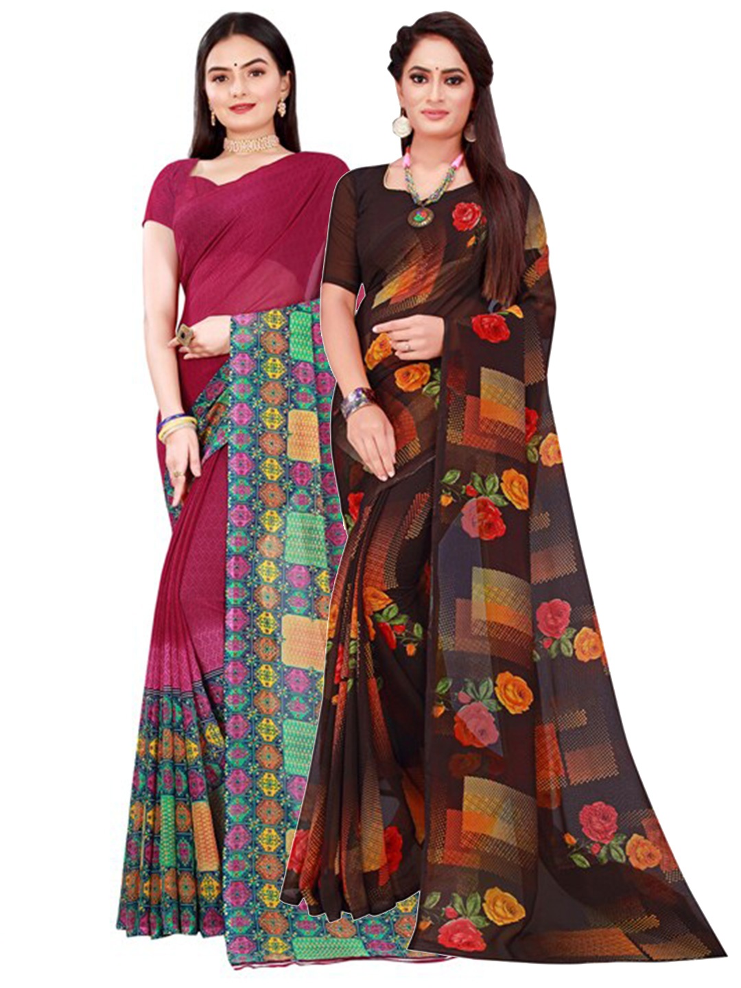 Florence Maroon & Brown Pure Georgette Saree
