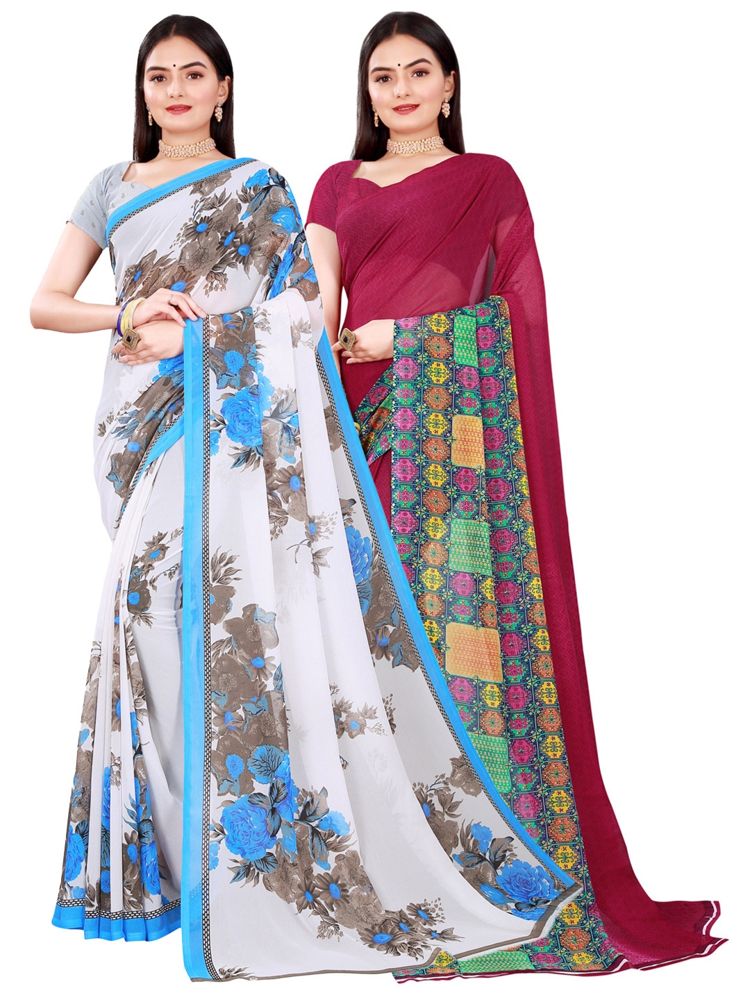 

Florence Pack Of 2 Maroon & White Pure Georgette Saree