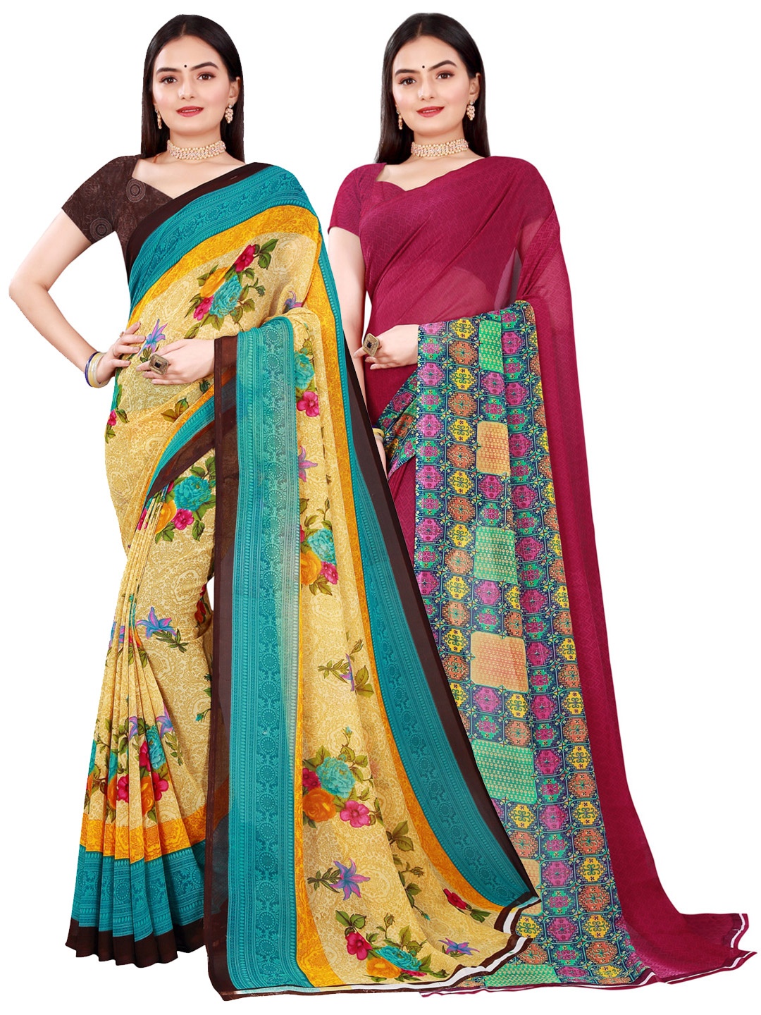 

Florence Beige & Maroon Set of 2 Floral Printed Pure Georgette Saree