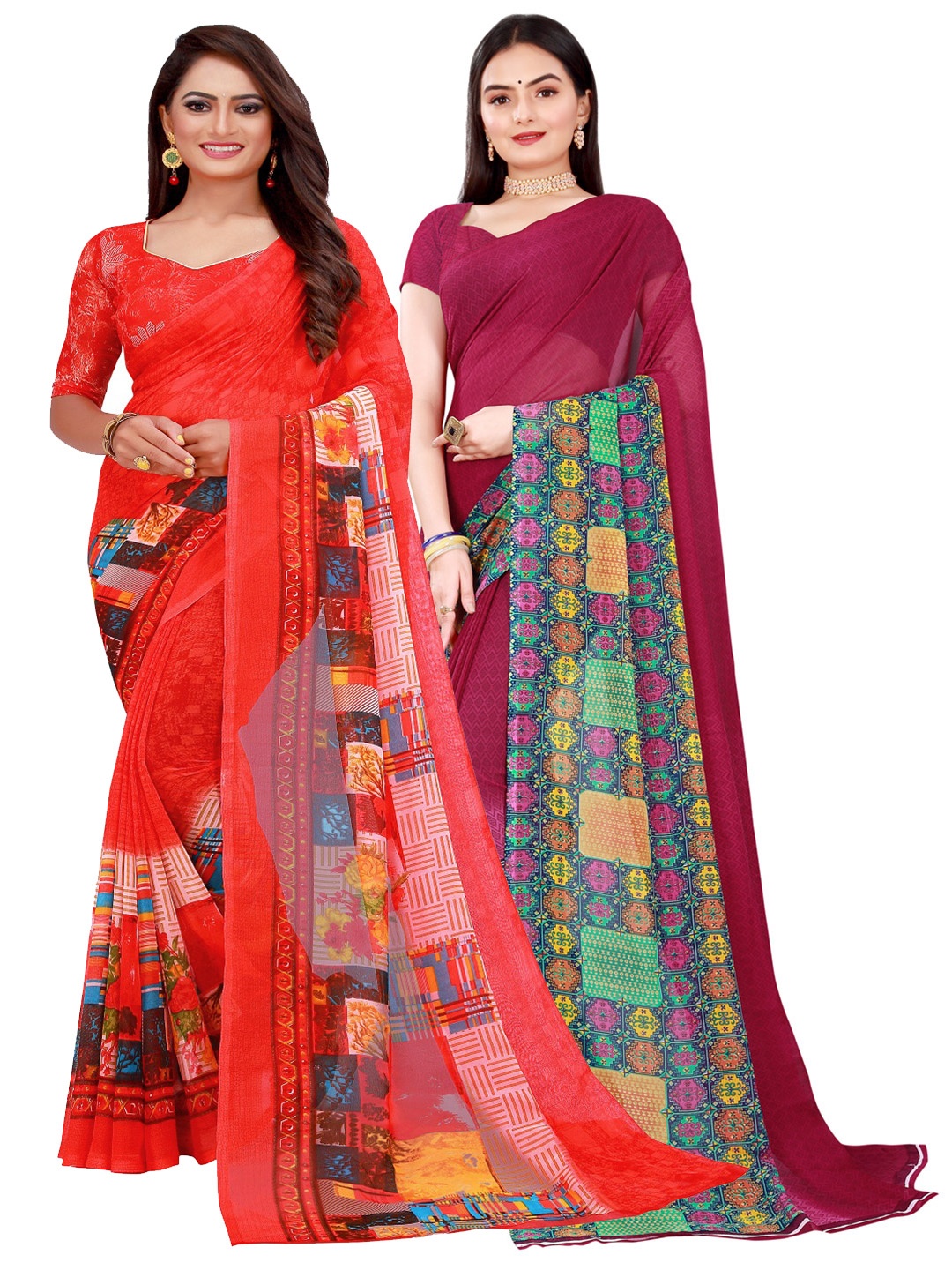 

Florence Maroon & Orange Set Of 2 Floral Pure Georgette Saree