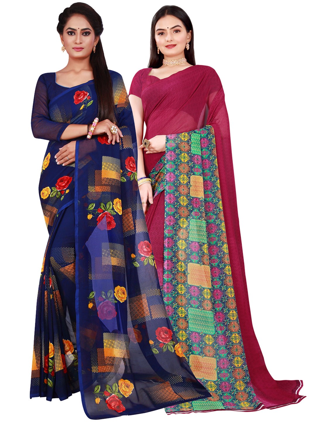 

Florence Set Of 2 Maroon & Navy Blue Ethnic Motifs Pure Georgette Saree