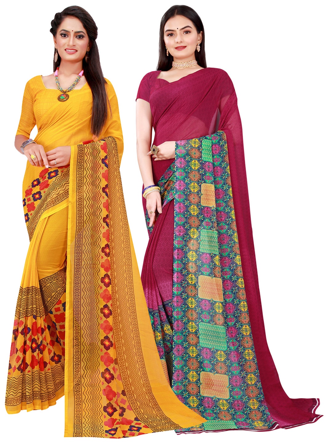 

Florence Pack of 2 Yellow & Maroon Pure Georgette Saree