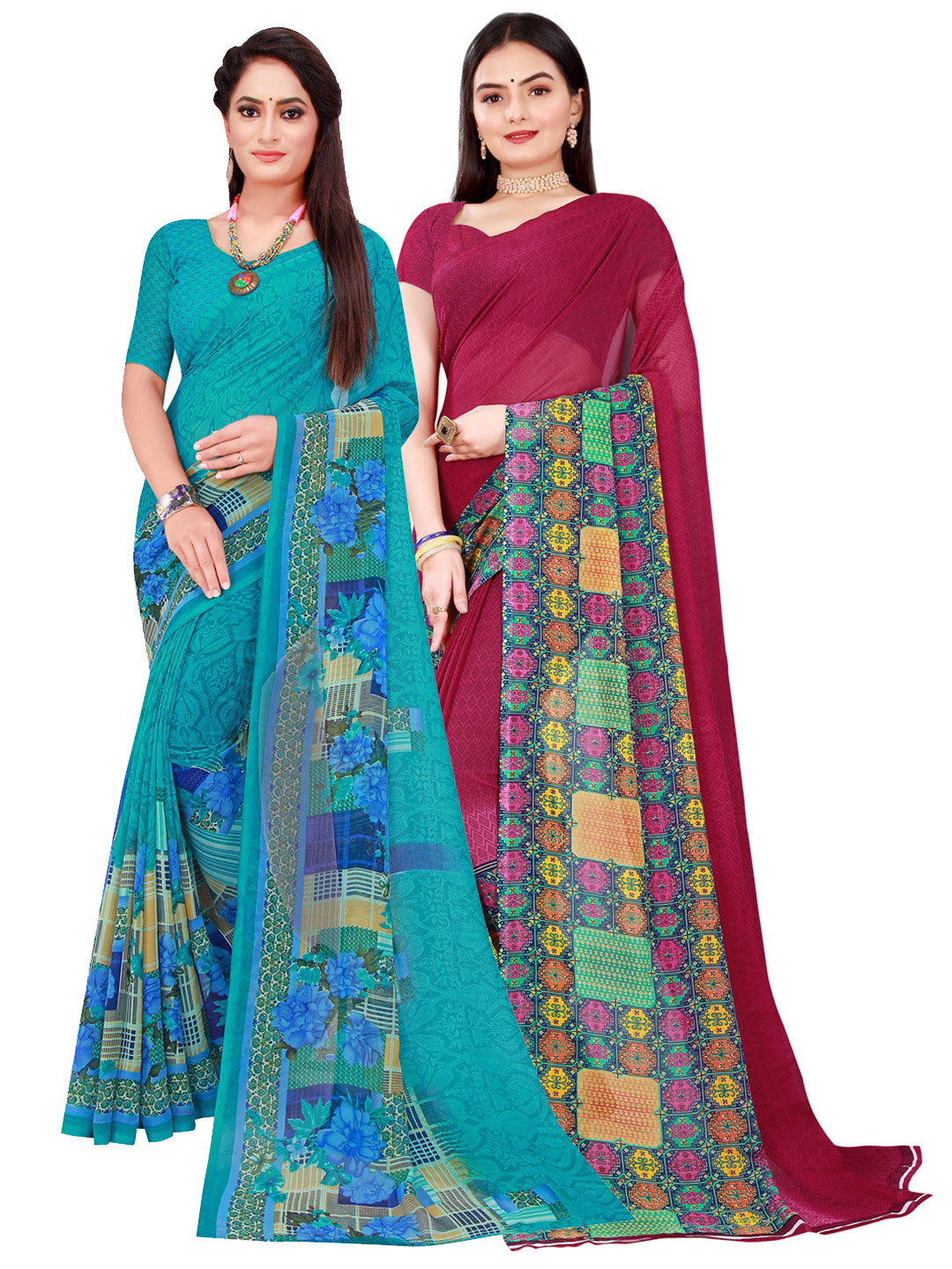 

Florence Maroon & Blue Set of 2 Floral Printed Pure Georgette Saree