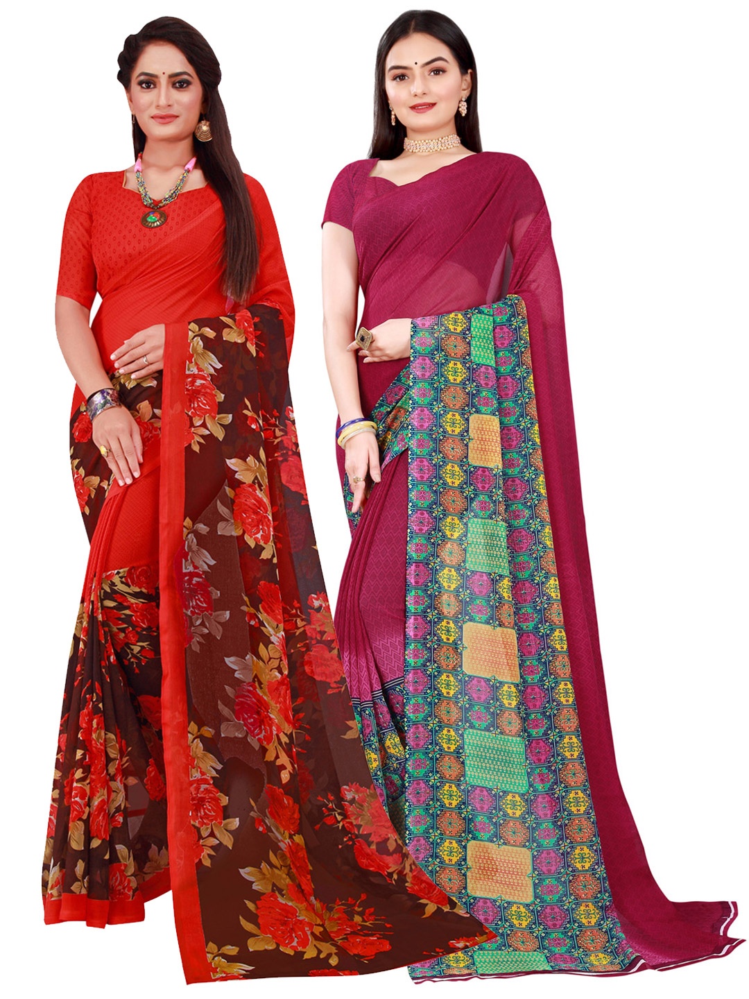 

Florence Pack Of 2 Maroon & Red Pure Georgette Saree