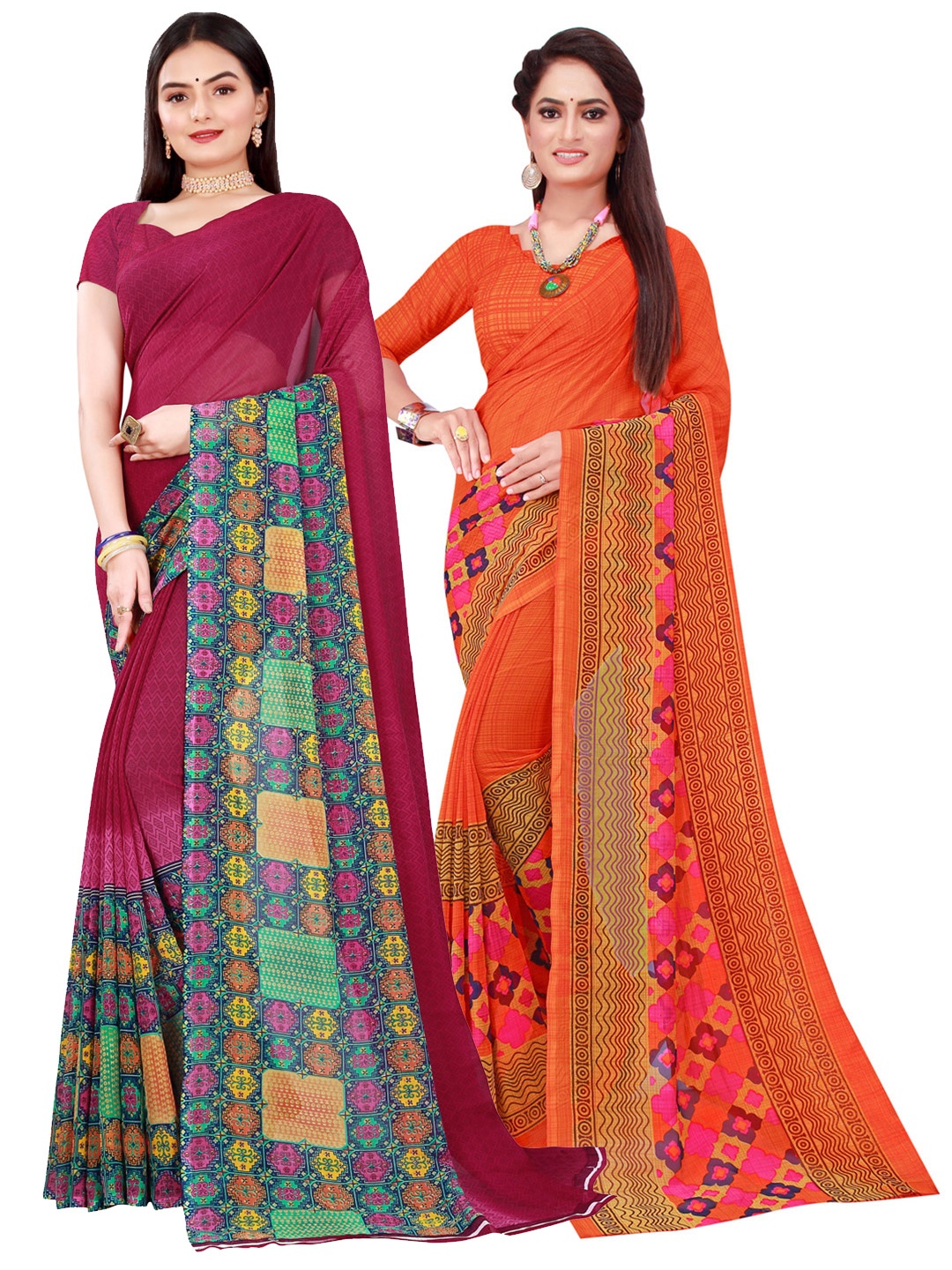 

Florence Pack of 2 Orange & Maroon Pure Georgette Sarees