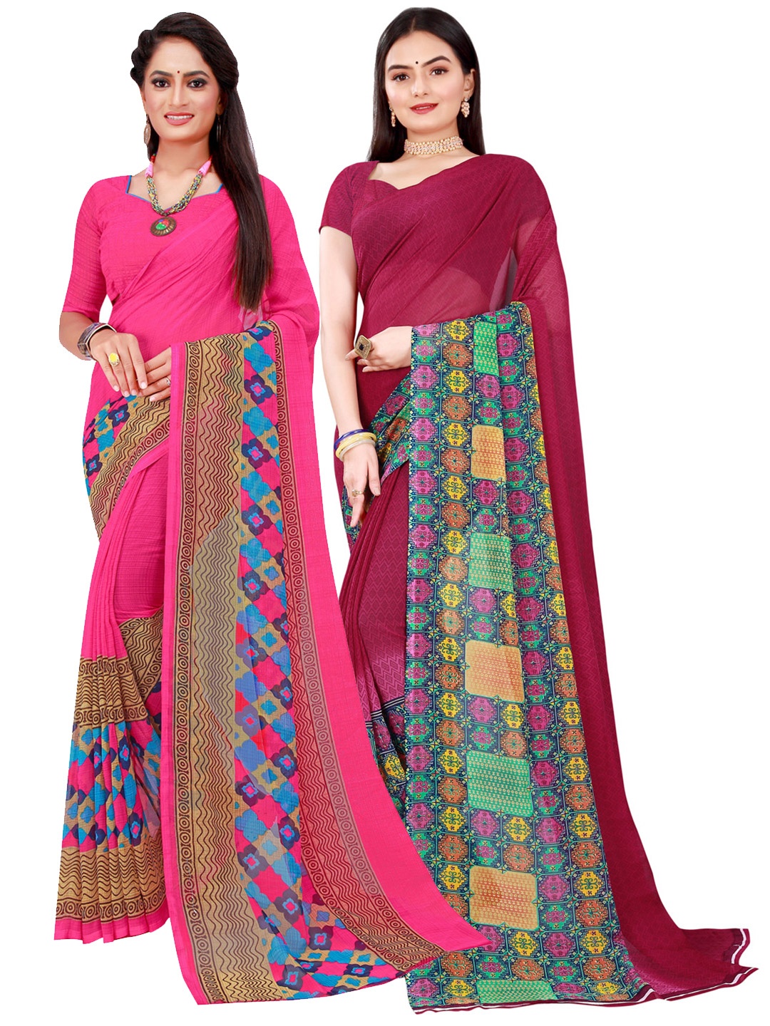 Florence Pack of 2 Printed Pure Georgette Sarees, Magenta