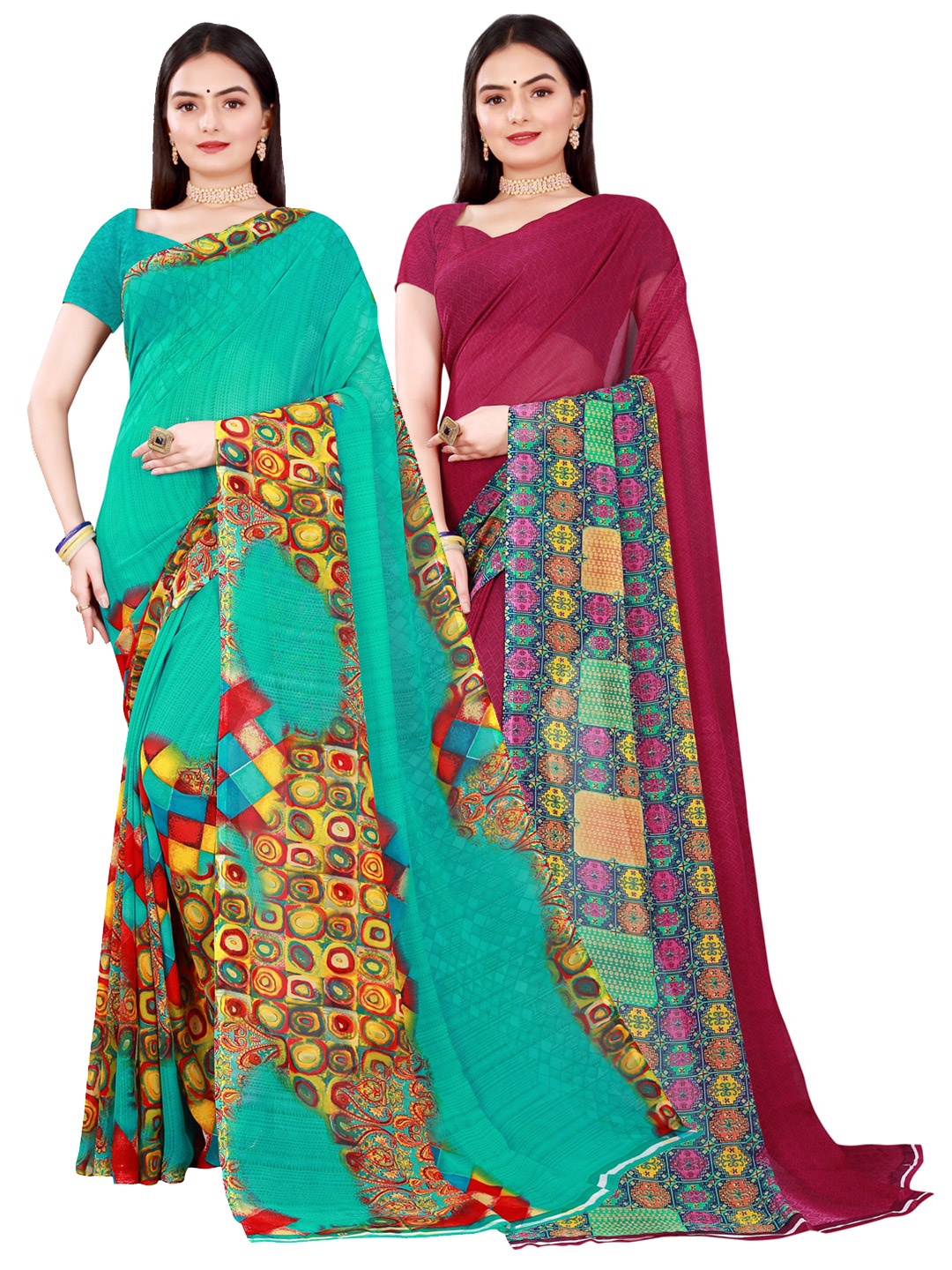 Florence Maroon & Green Set Of 2 Floral Pure Georgette Saree