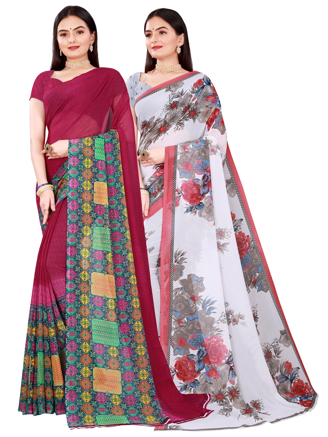 

Florence Pack of 2 Maroon & White Pure Georgette Saree