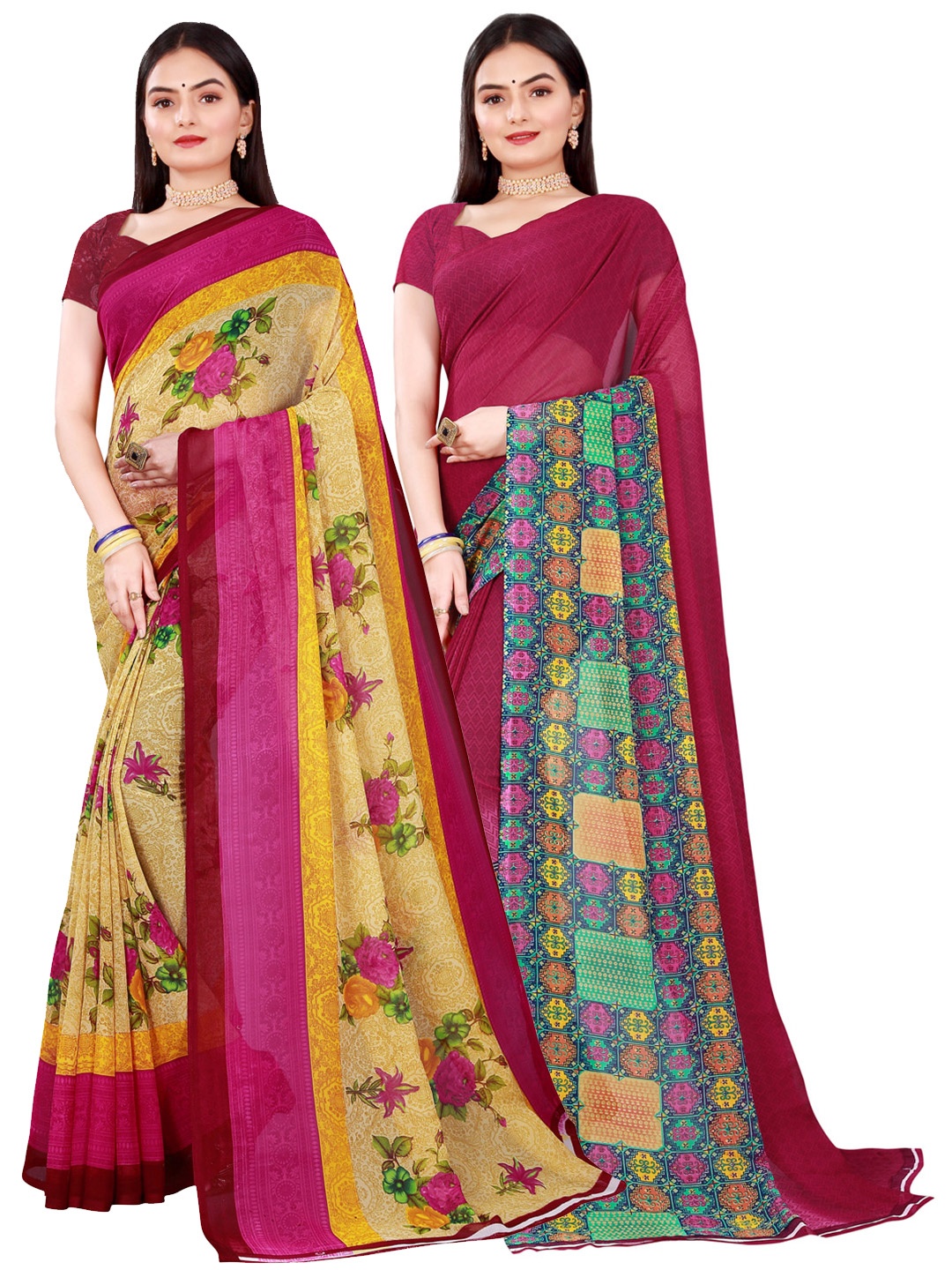 

Florence Set Of 2 Beige & Maroon Floral Pure Georgette Saree