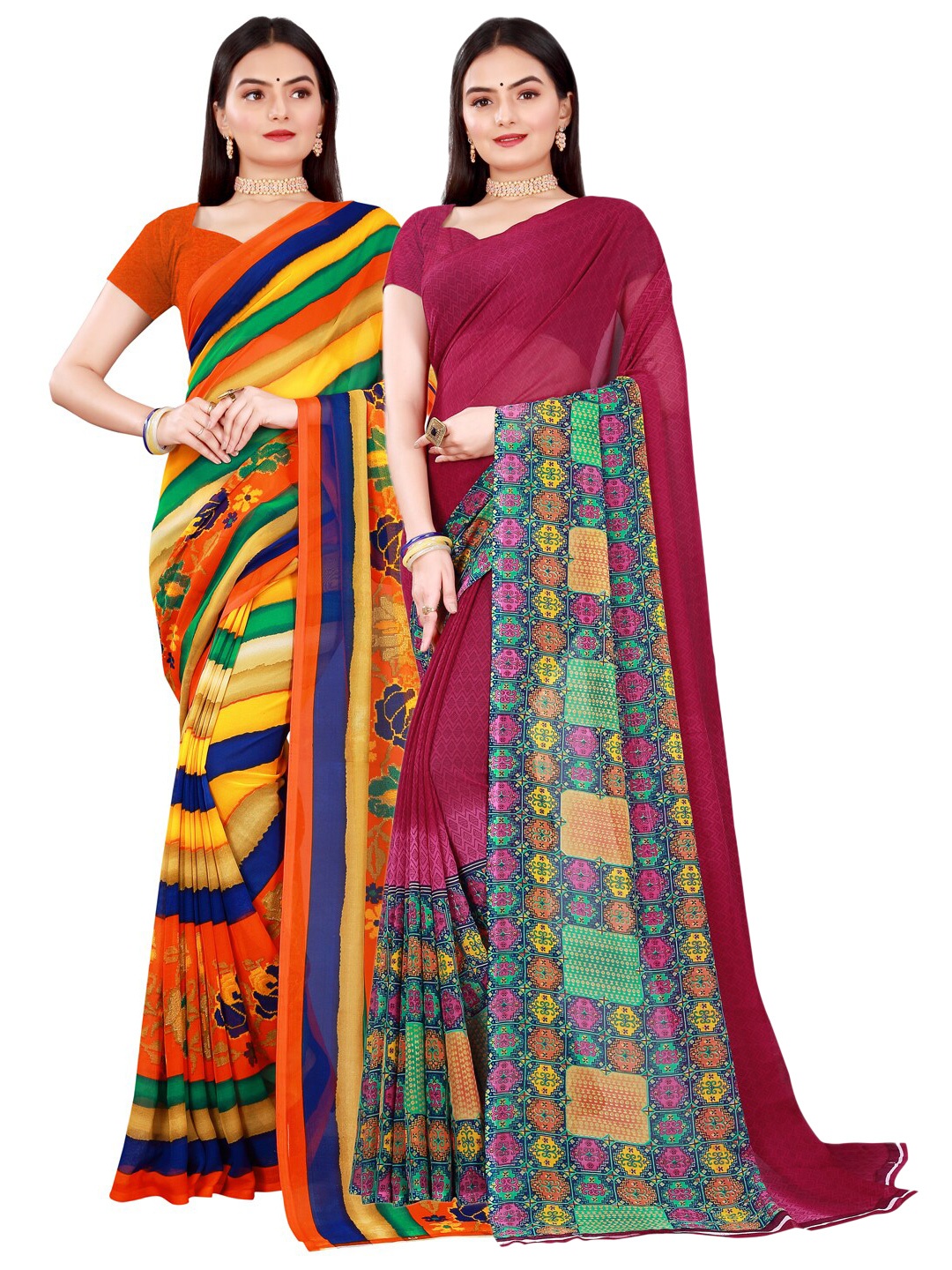

KALINI Maroon & Yellow Pure Georgette Saree