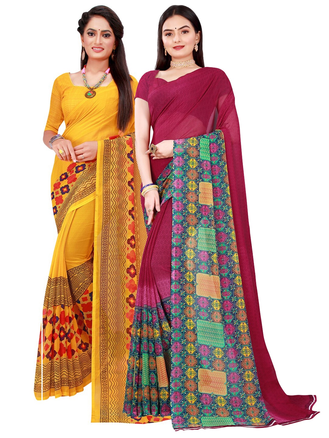 

KALINI Yellow & Maroon Pure Georgette Saree