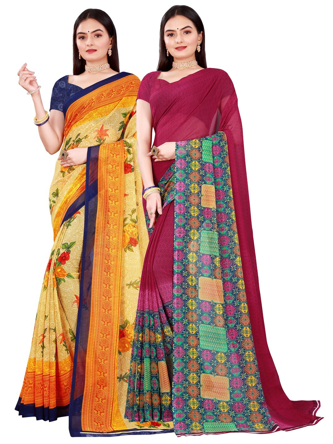 

KALINI Beige & Maroon Pure Georgette Saree