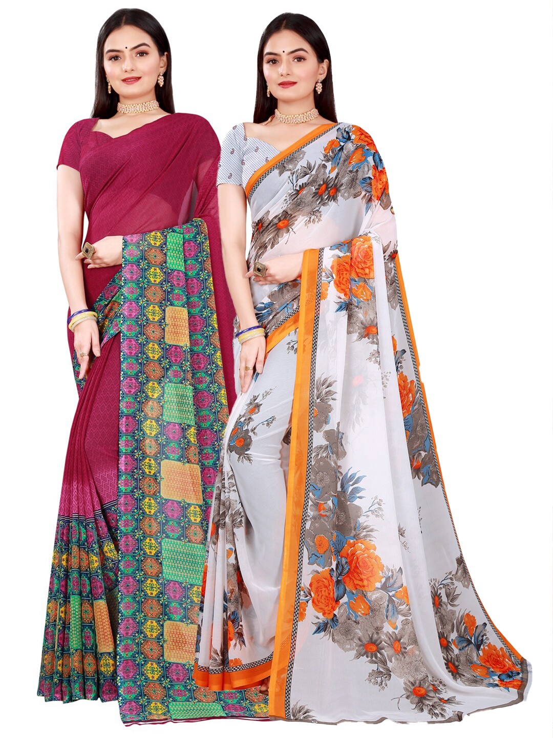 

KALINI Maroon & White Pure Georgette Saree